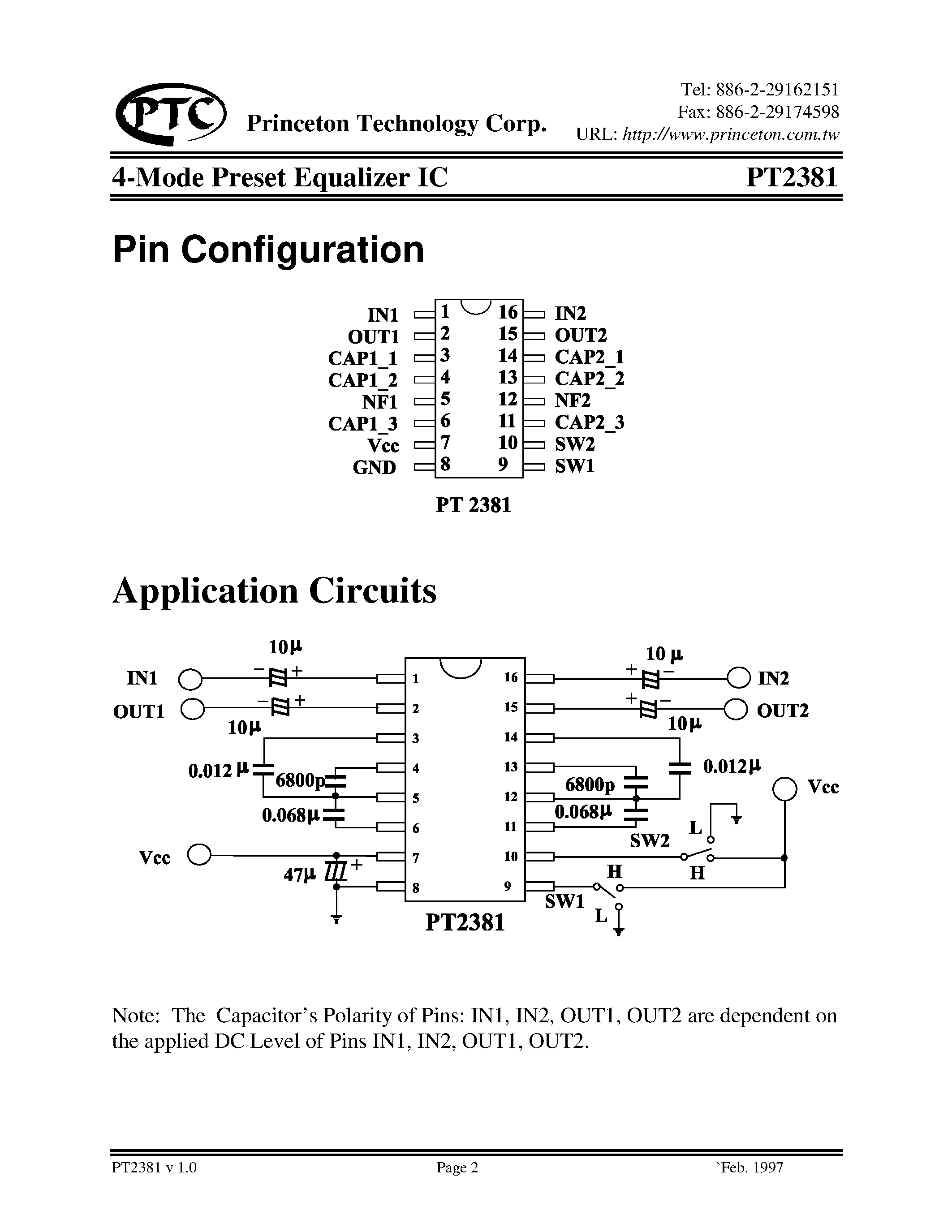 Datasheet PT2381 - 4-Mode Preset Equalizer IC page 2