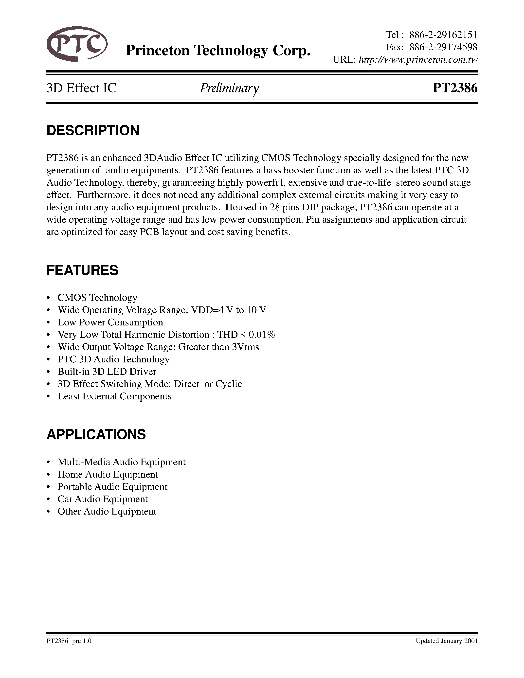 Datasheet PT2386-S - 3D Effect IC page 1