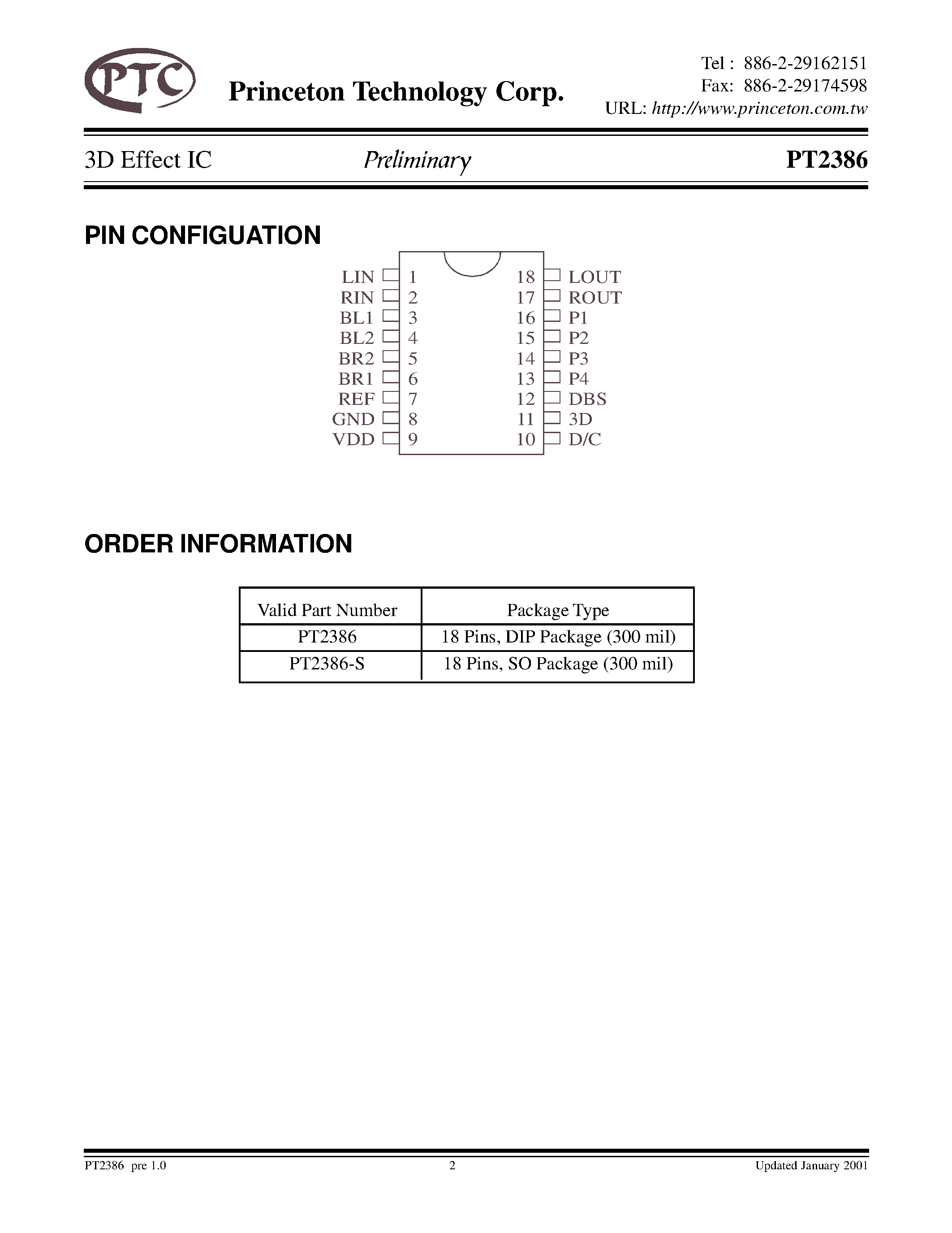 Datasheet PT2386-S - 3D Effect IC page 2