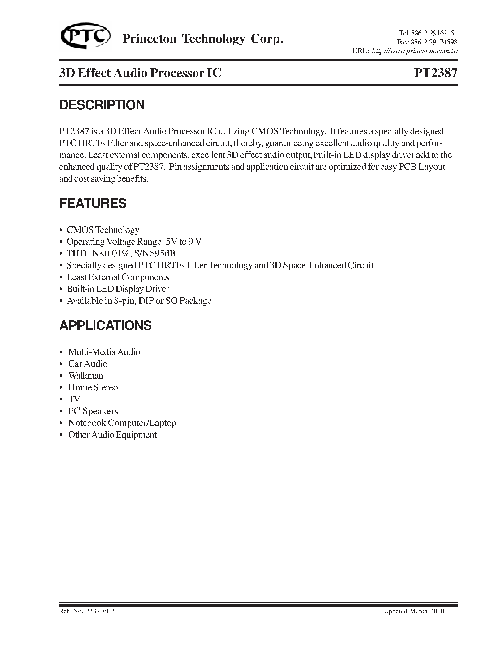 Datasheet PT2387-S - 3D Effect Audio Processor IC page 1