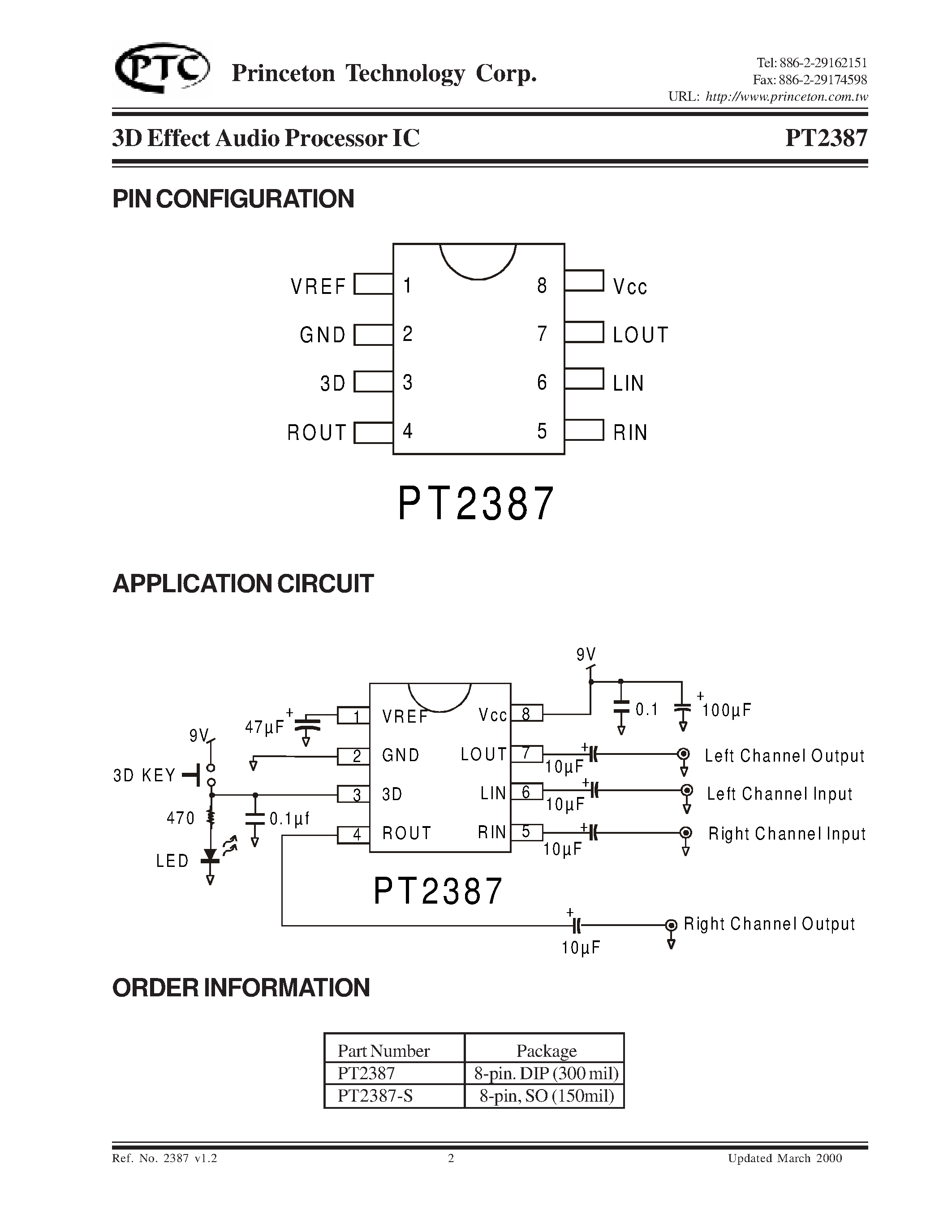 Datasheet PT2387-S - 3D Effect Audio Processor IC page 2