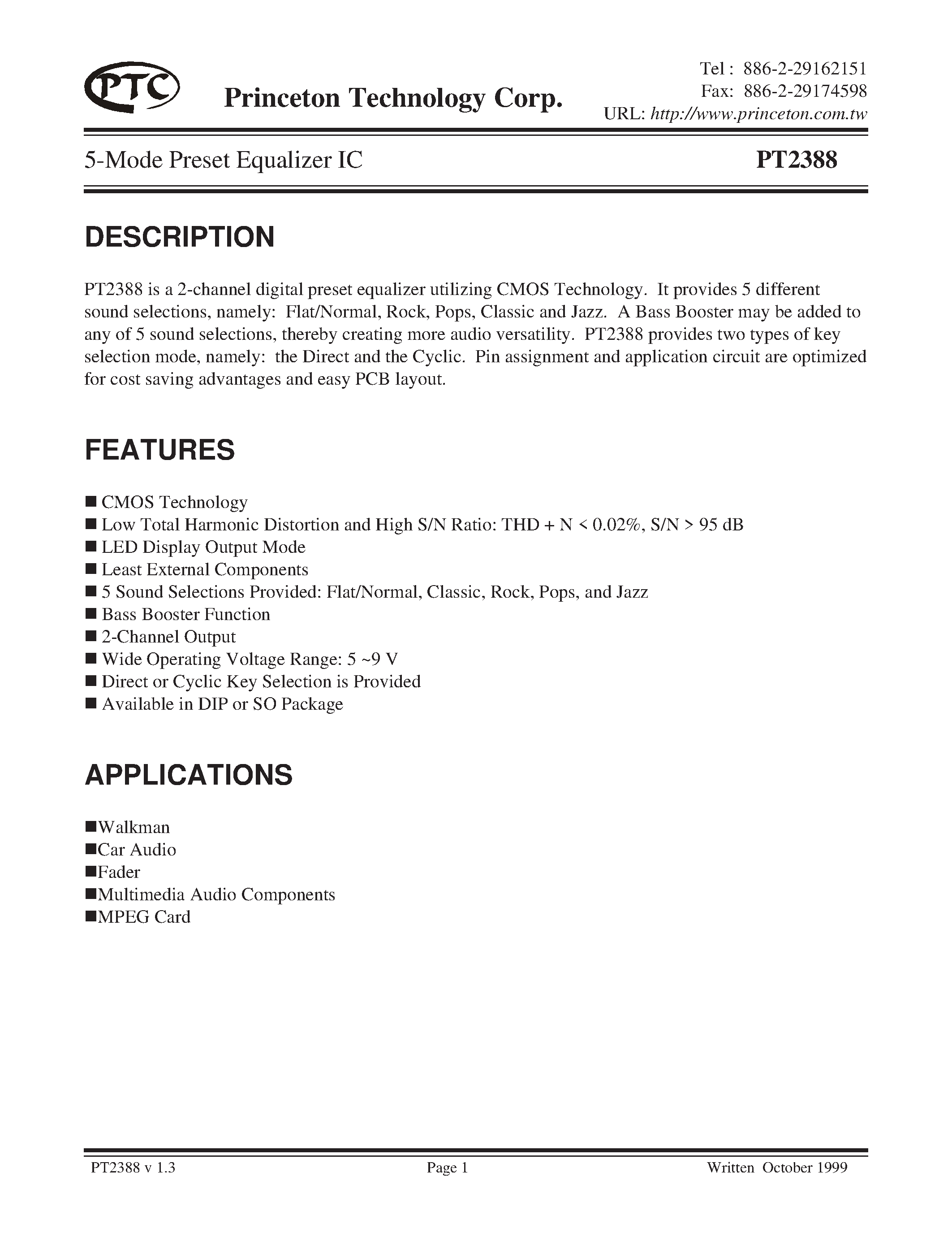Datasheet PT2388-S - 5-Mode Preset Equalizer IC page 1