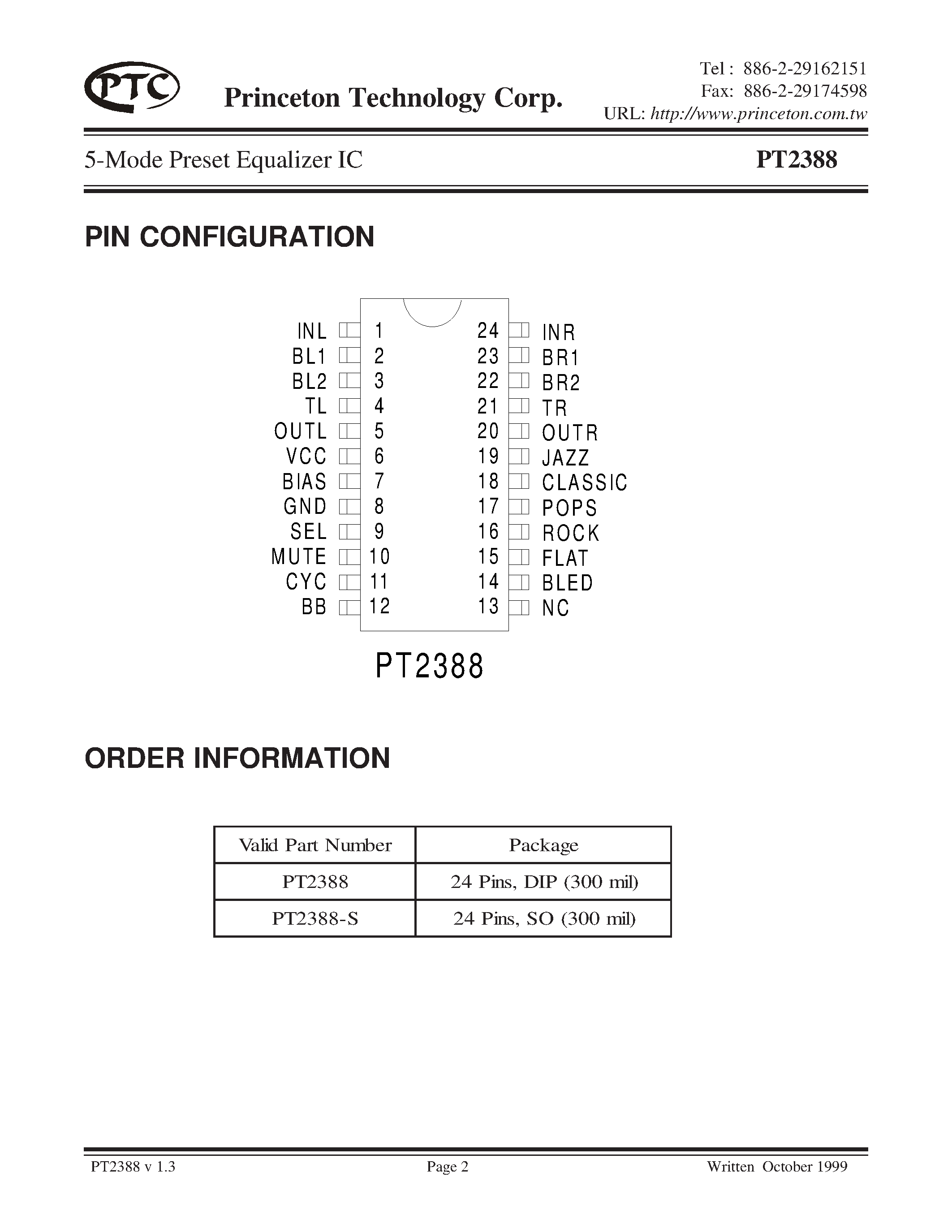 Datasheet PT2388-S - 5-Mode Preset Equalizer IC page 2