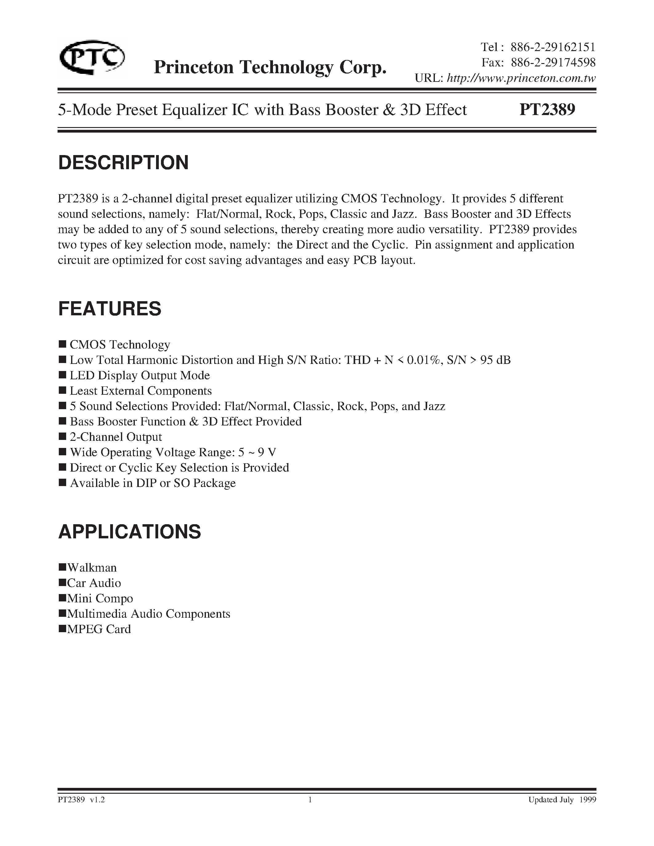 Datasheet PT2389-SN - 5-Mode Preset Equalizer IC with Bass Booster & 3D Effect page 1
