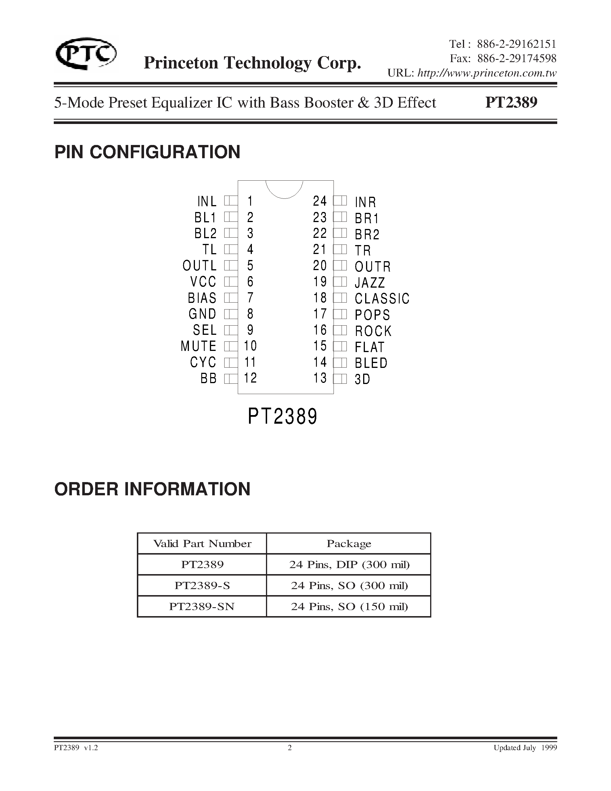Datasheet PT2389-SN - 5-Mode Preset Equalizer IC with Bass Booster & 3D Effect page 2