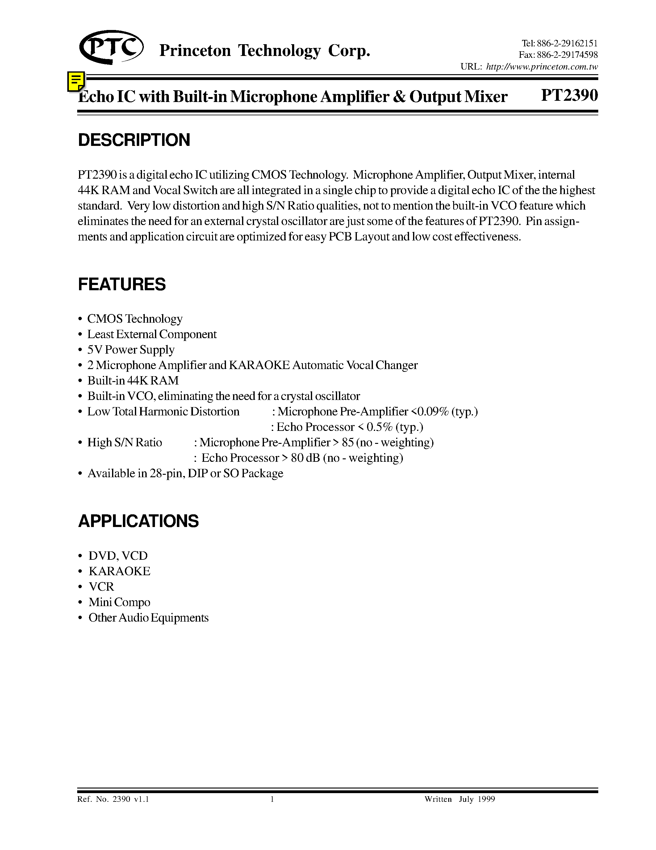 Datasheet PT2390-S page 1 Datasheet PT2390-S - Echo IC with Built-in Microphone Amplifier & Output Mixer page 1