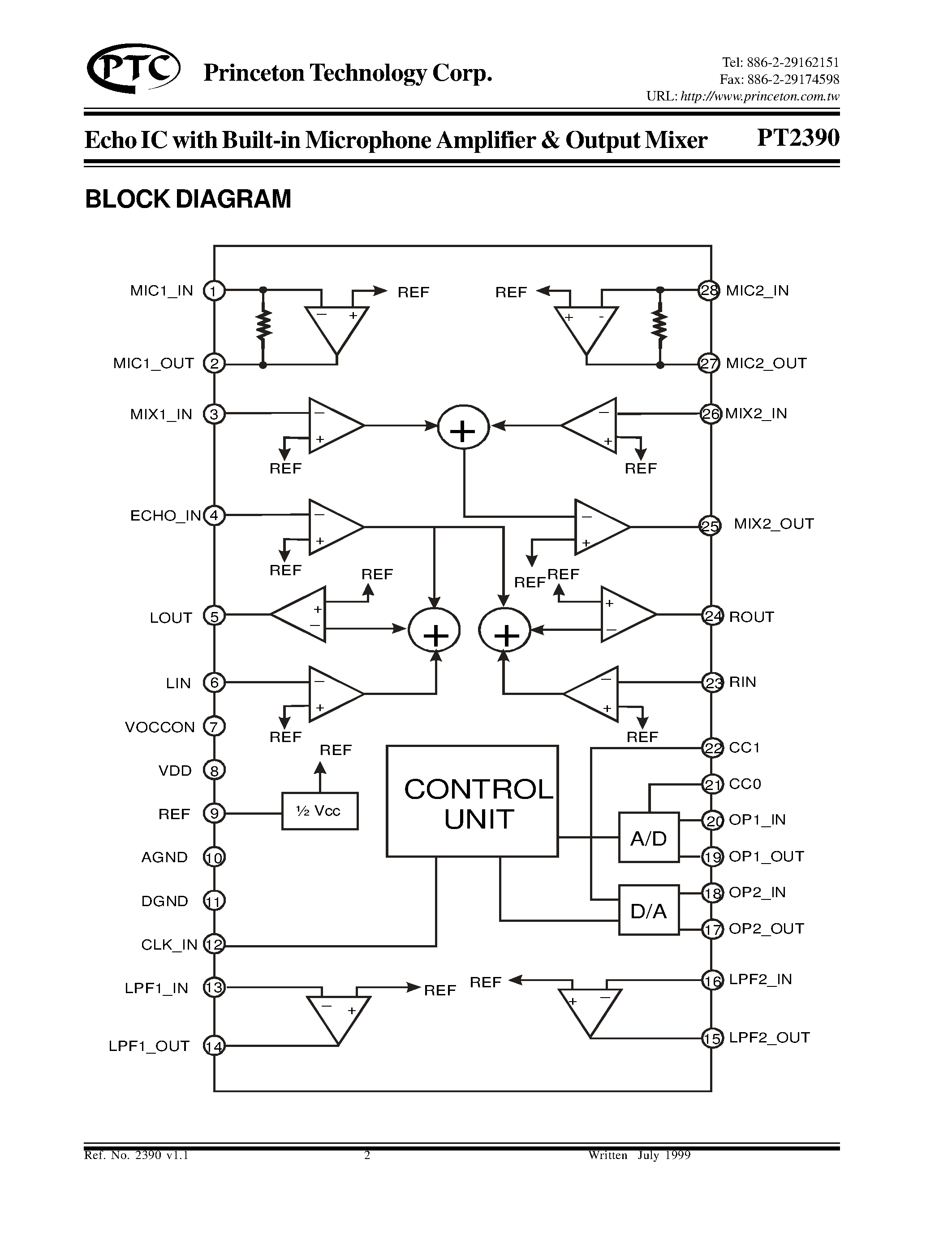 Datasheet PT2390-S page 2 Datasheet PT2390-S - Echo IC with Built-in Microphone Amplifier & Output Mixer page 2