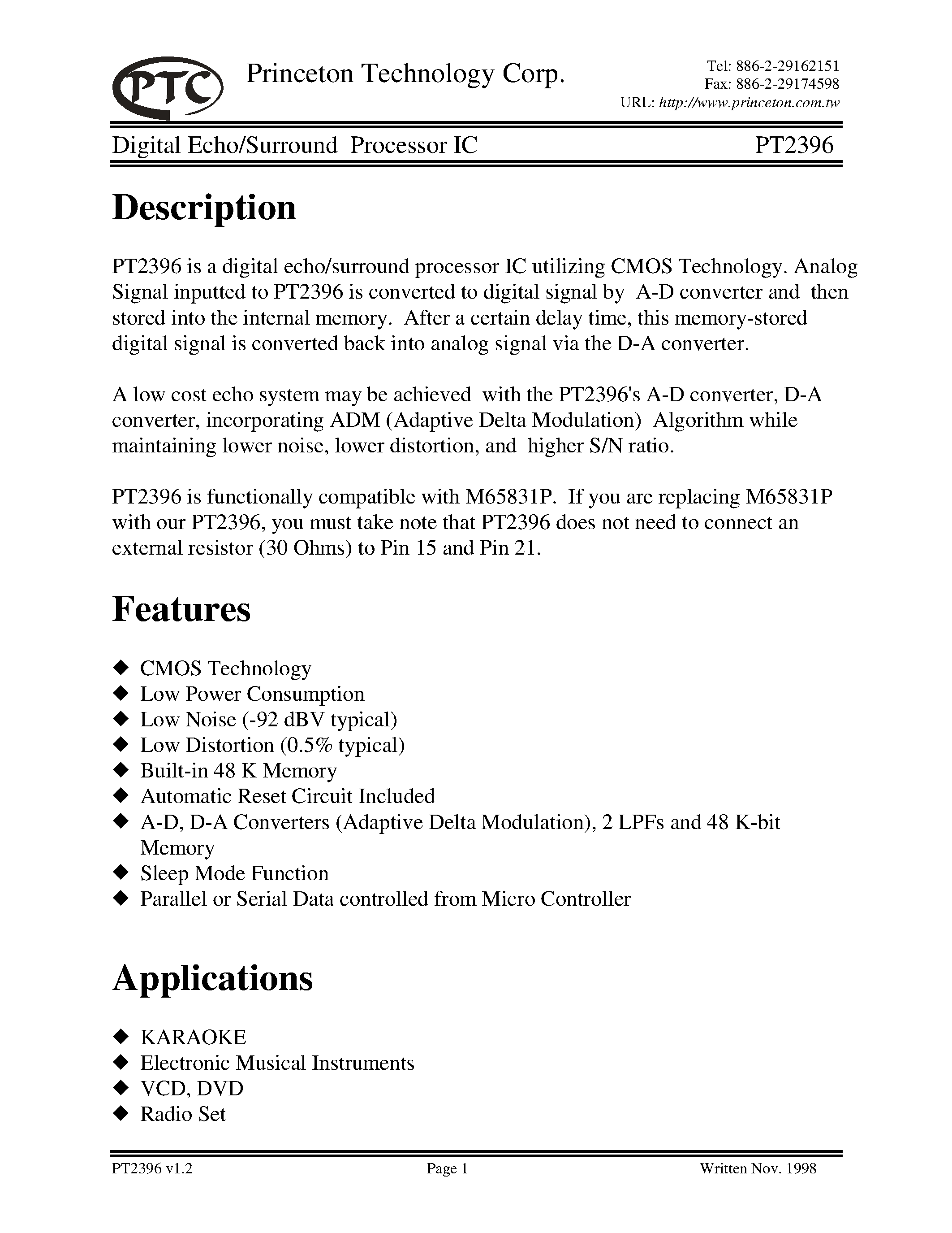 Datasheet PT2396-S page 1 Datasheet PT2396-S - Digital Echo/Surround Processor IC page 1
