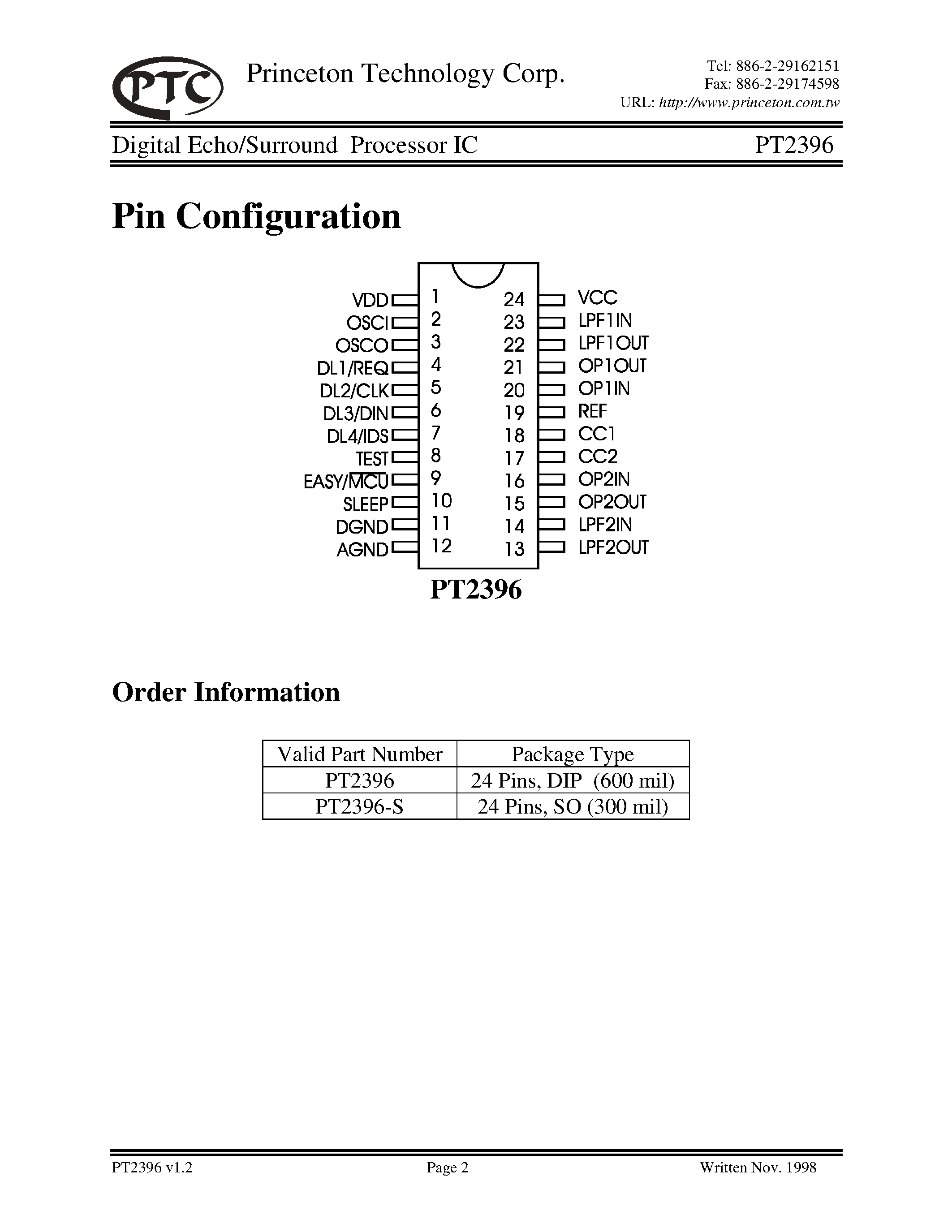 Datasheet PT2396-S page 2 Datasheet PT2396-S - Digital Echo/Surround Processor IC page 2