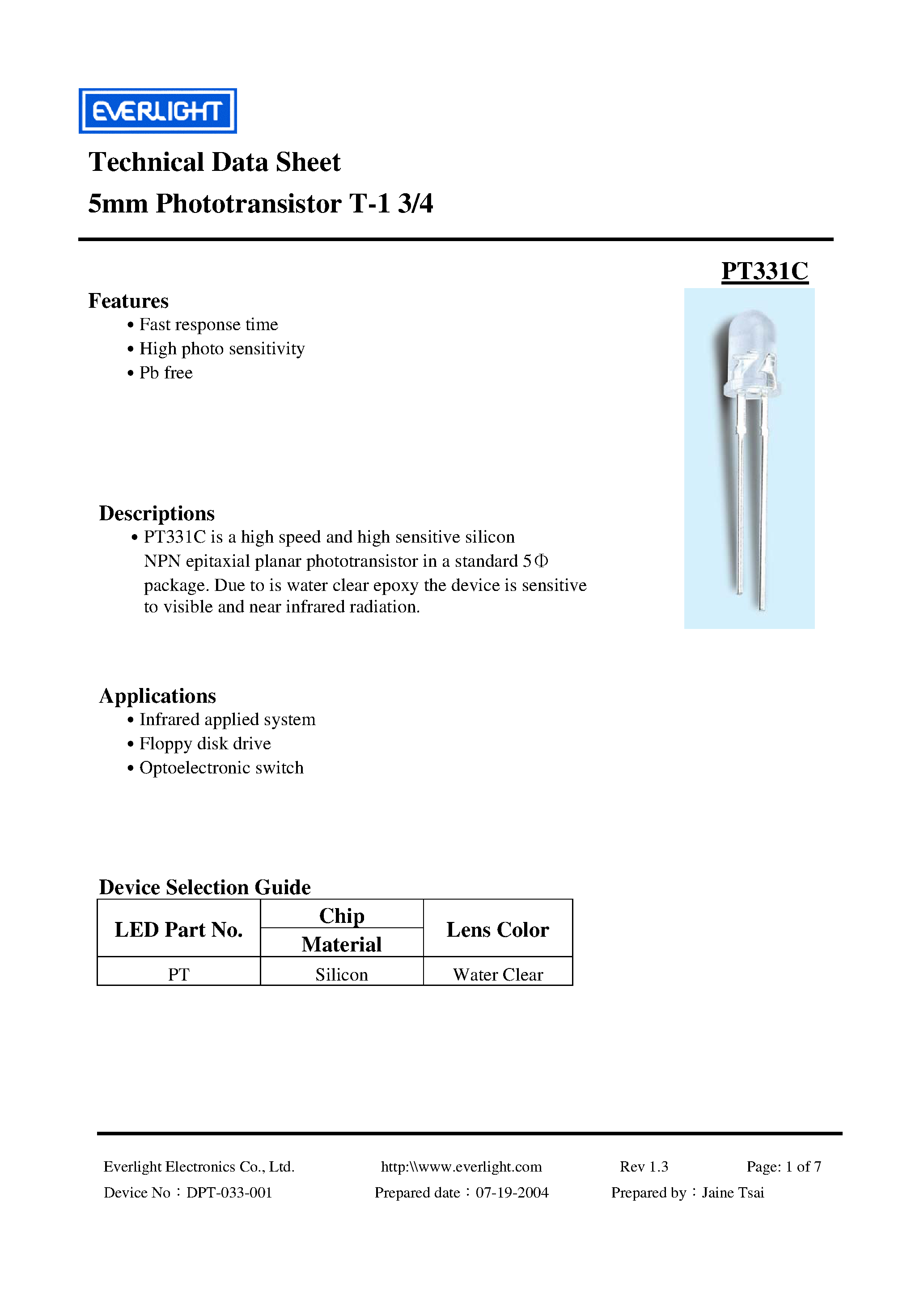 Datasheet PT331C page 1 Datasheet PT331C - 5MM PHOTOTRANSISTOR T-1 3/4 page 1