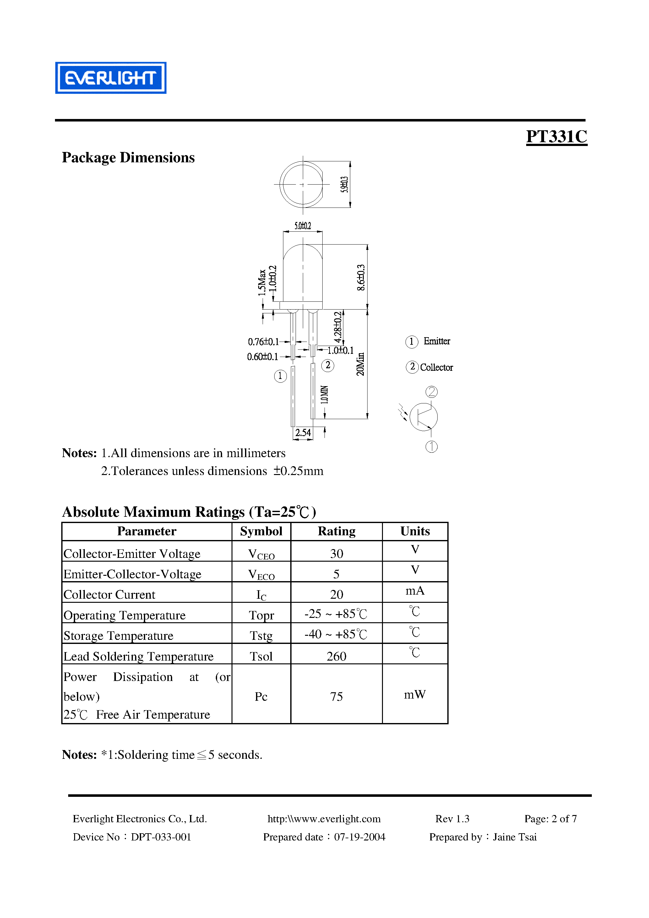 Datasheet PT331C page 2 Datasheet PT331C - 5MM PHOTOTRANSISTOR T-1 3/4 page 2