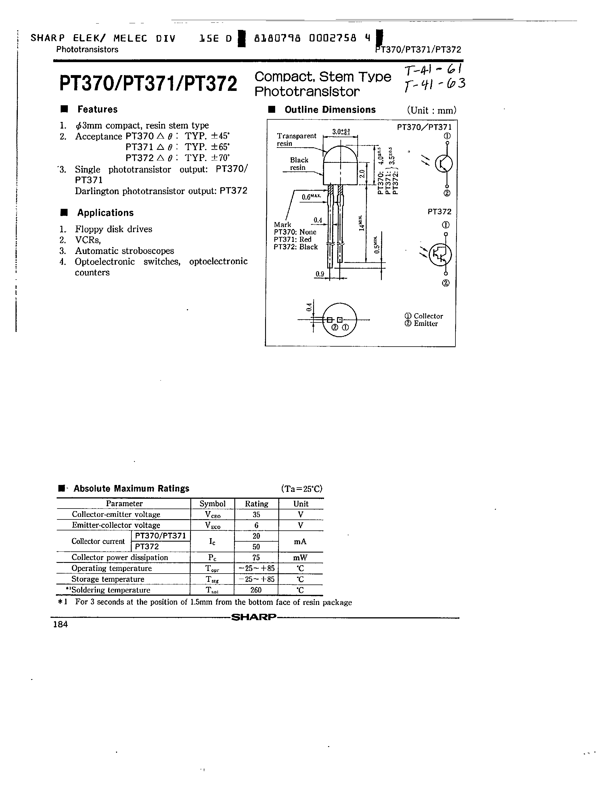 Даташит на микросхему PT372 страница 1 Даташит PT372 - COMPACT/ STEM TYPE PHOTOTRANSISTOR страница 1