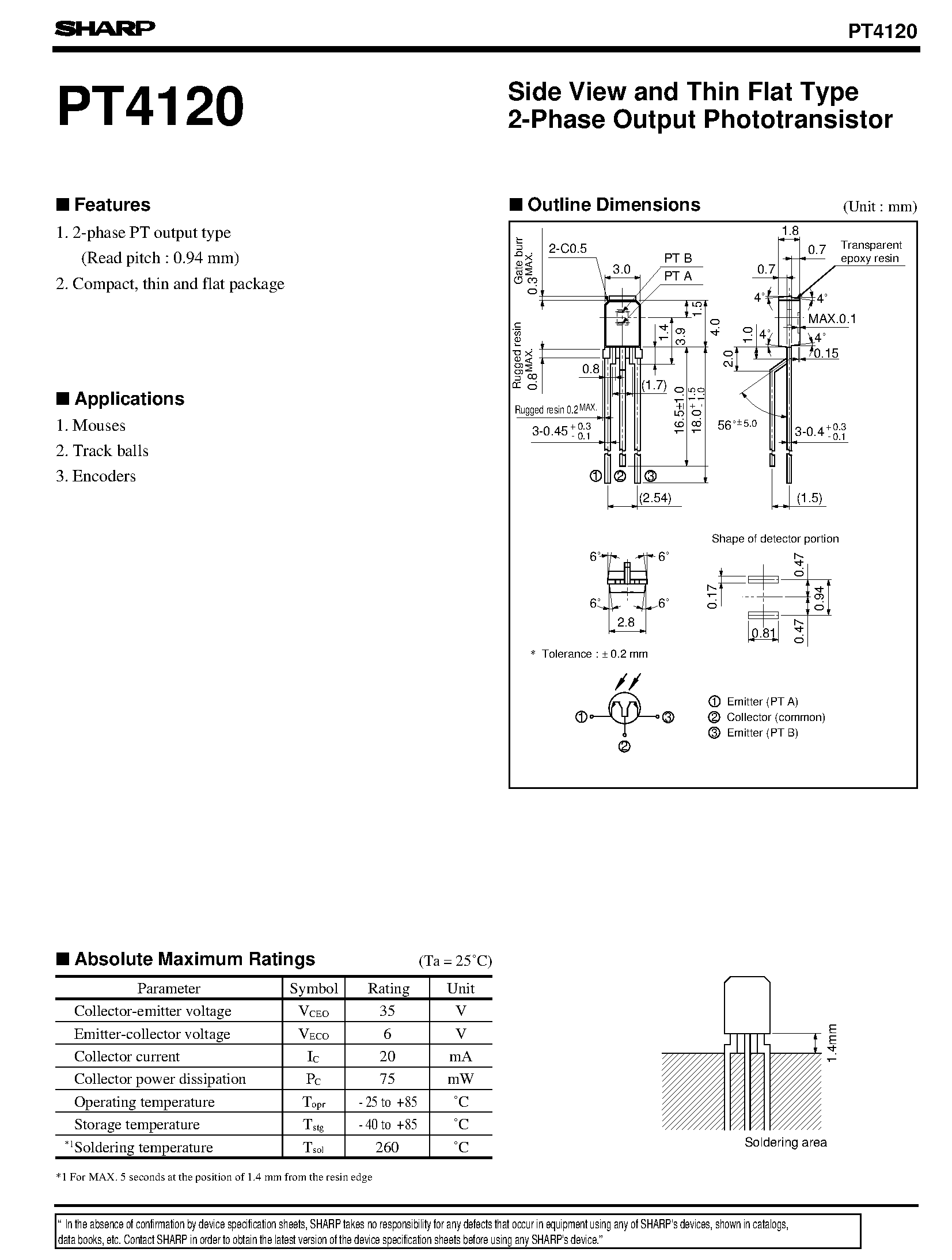 Datasheet PT4120 page 1 Datasheet PT4120 - Side View and Thin Flat Type 2-Phase Output Phototransistor page 1