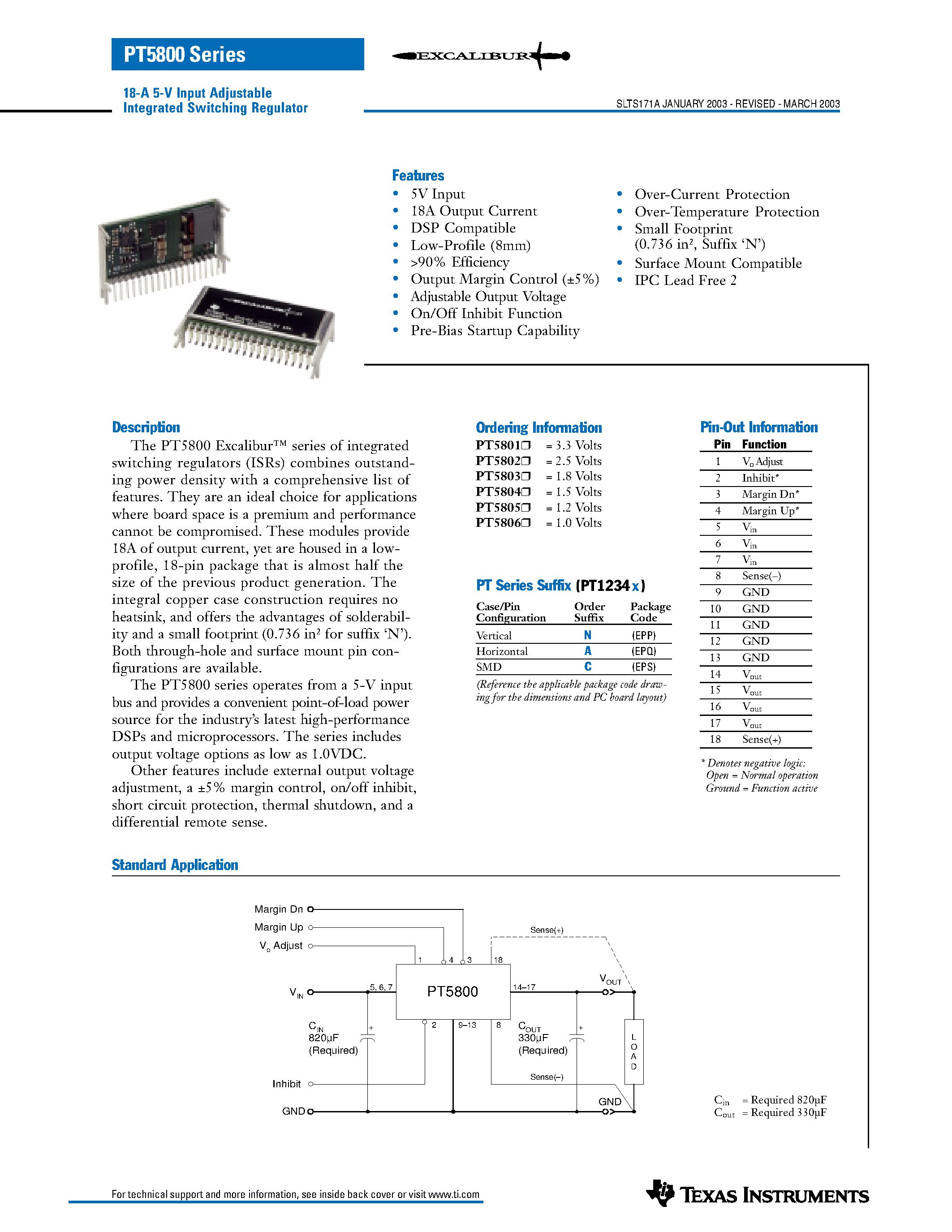 Datasheet PT5804 - 18-A 5-V Input Adjustable Integrated Switching Regulator page 1