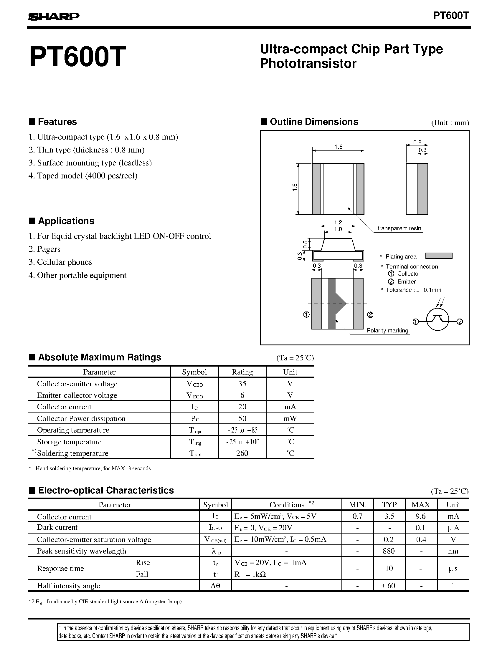 Datasheet PT600T - Ultra-compact Chip Part Type Phototransistor page 1