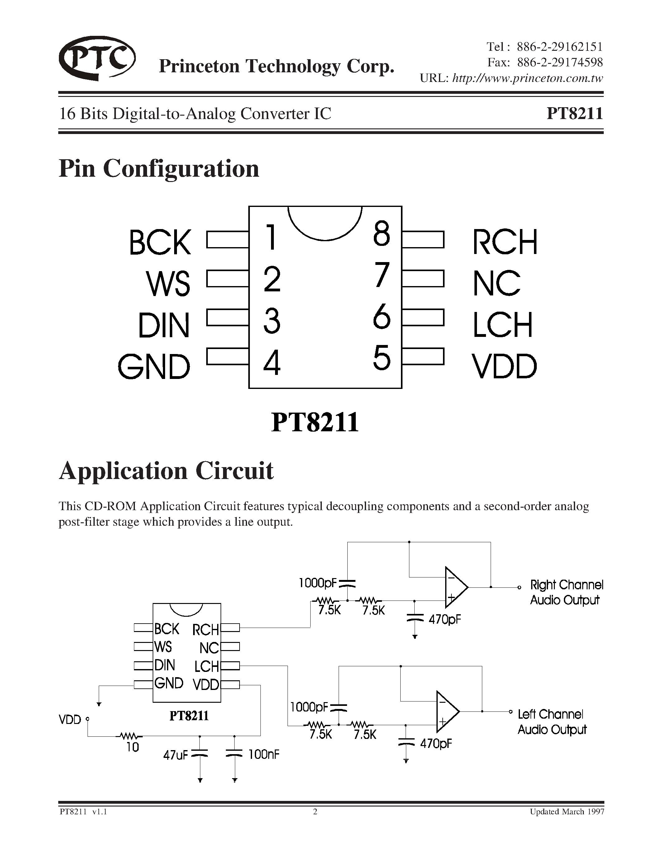 Даташит на микросхему PT8211-S страница 2 Даташит PT8211-S - 16 Bits Digital-To-Analog Converter IC страница 2