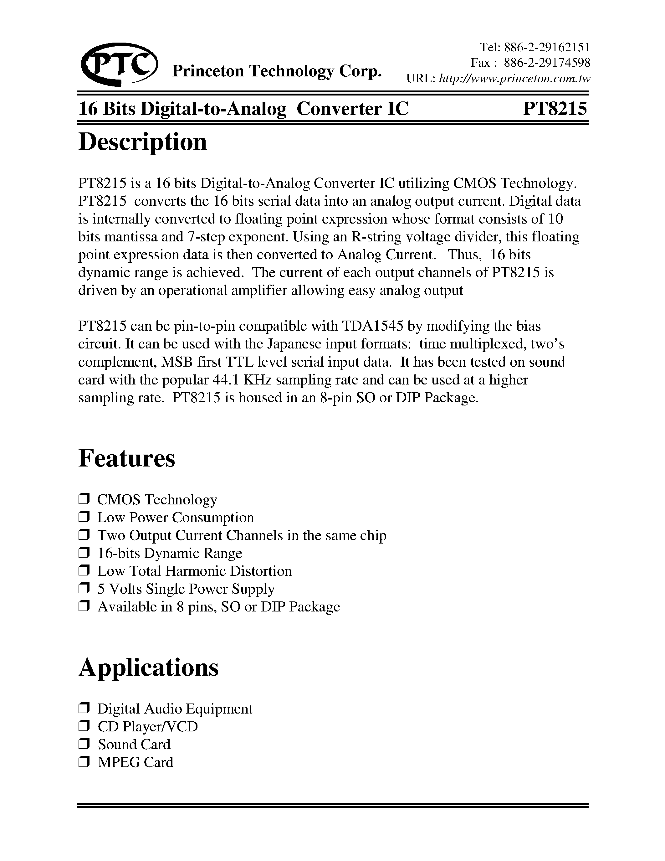 Datasheet PT8215-S - 16 Bits Digital-To-Analog Converter IC page 1