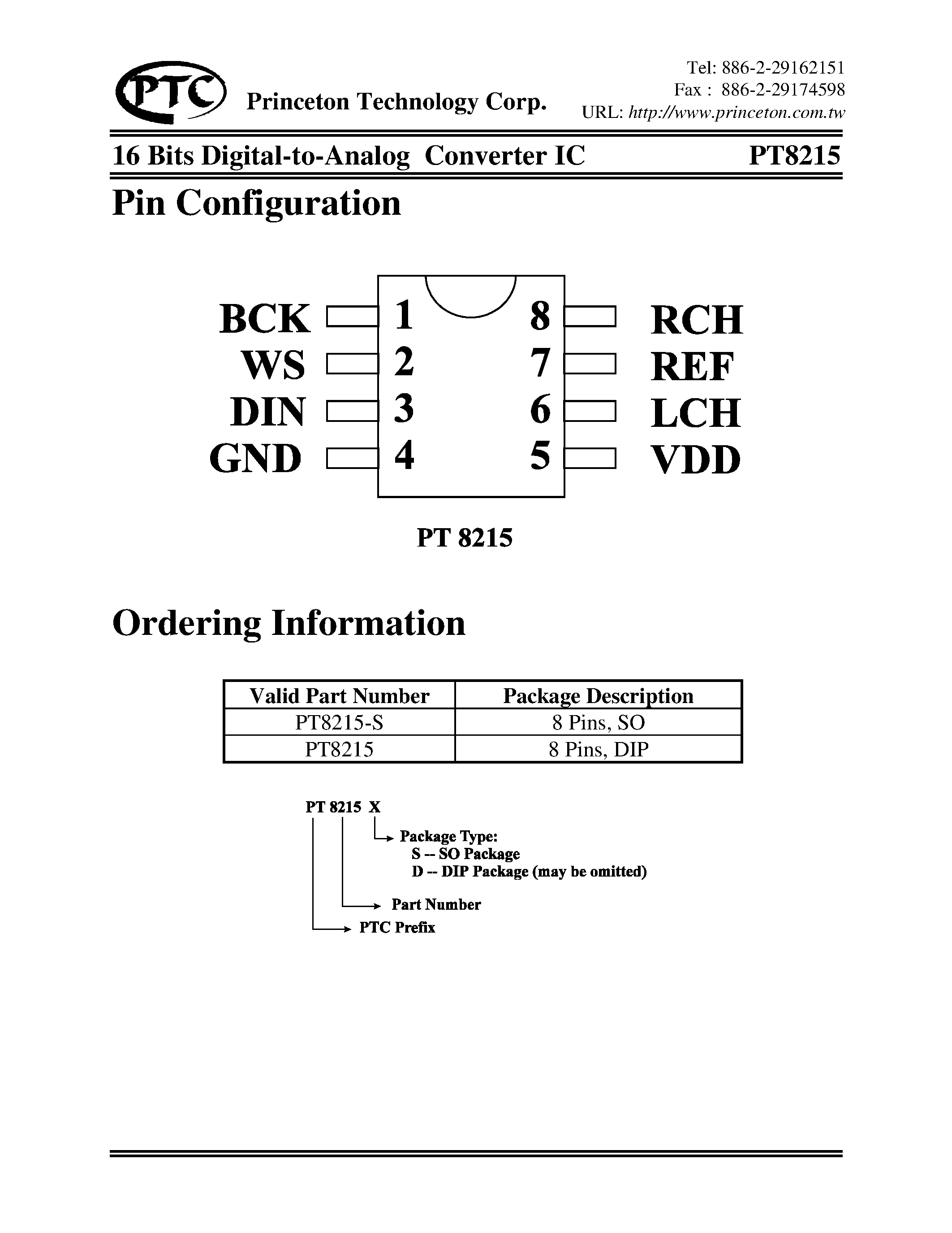 Datasheet PT8215-S - 16 Bits Digital-To-Analog Converter IC page 2