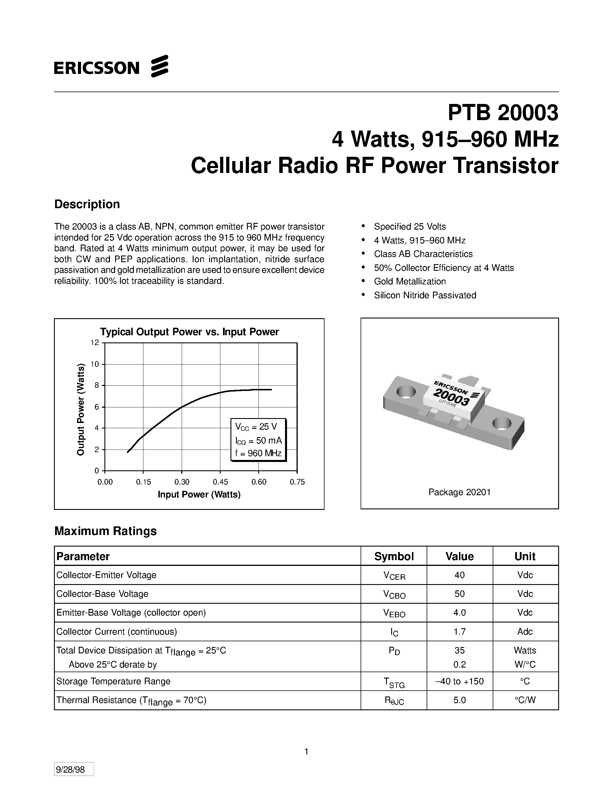 Даташит PTB20003 - 4 Watts/ 915-960 MHz Cellular Radio RF Power Transistor страница 1