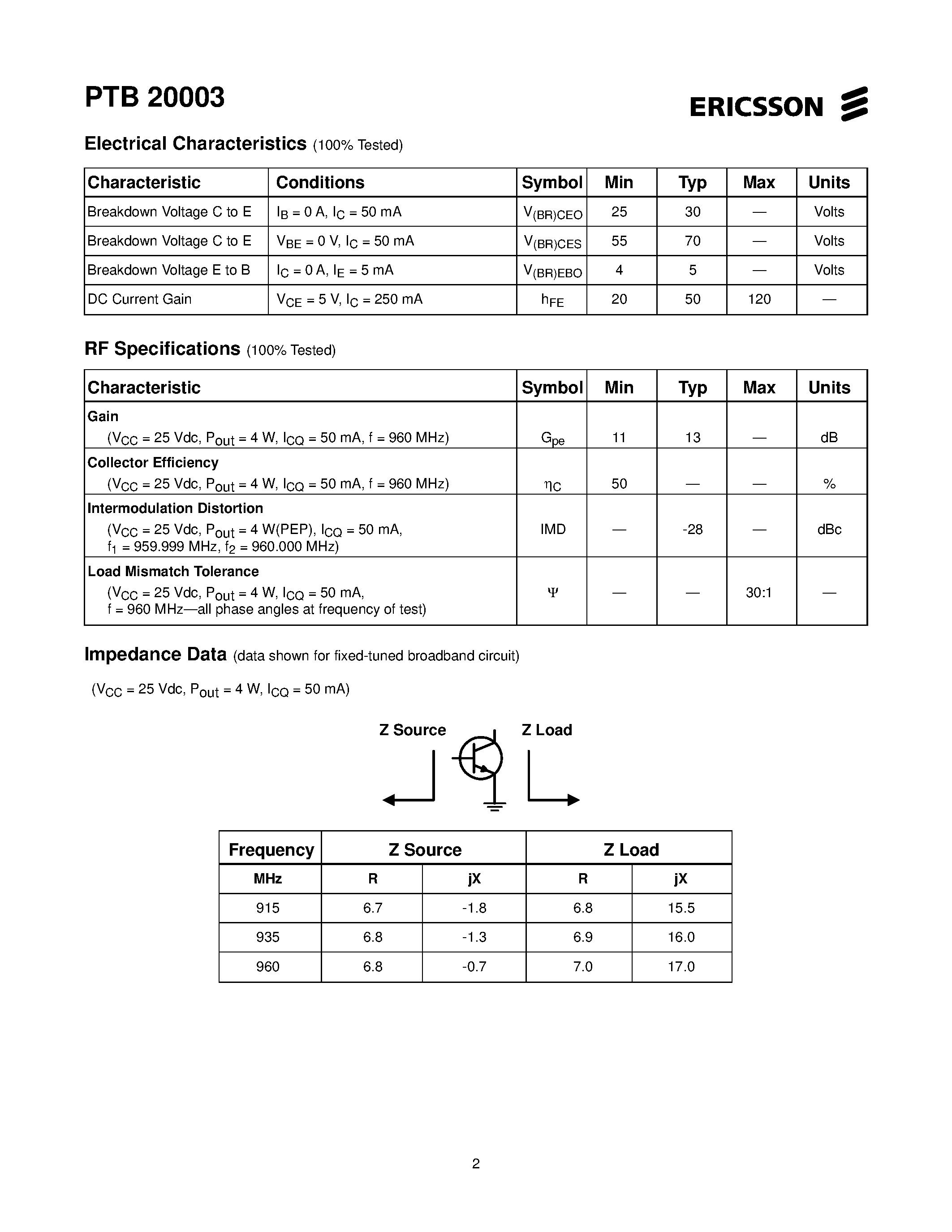 Даташит PTB20003 - 4 Watts/ 915-960 MHz Cellular Radio RF Power Transistor страница 2
