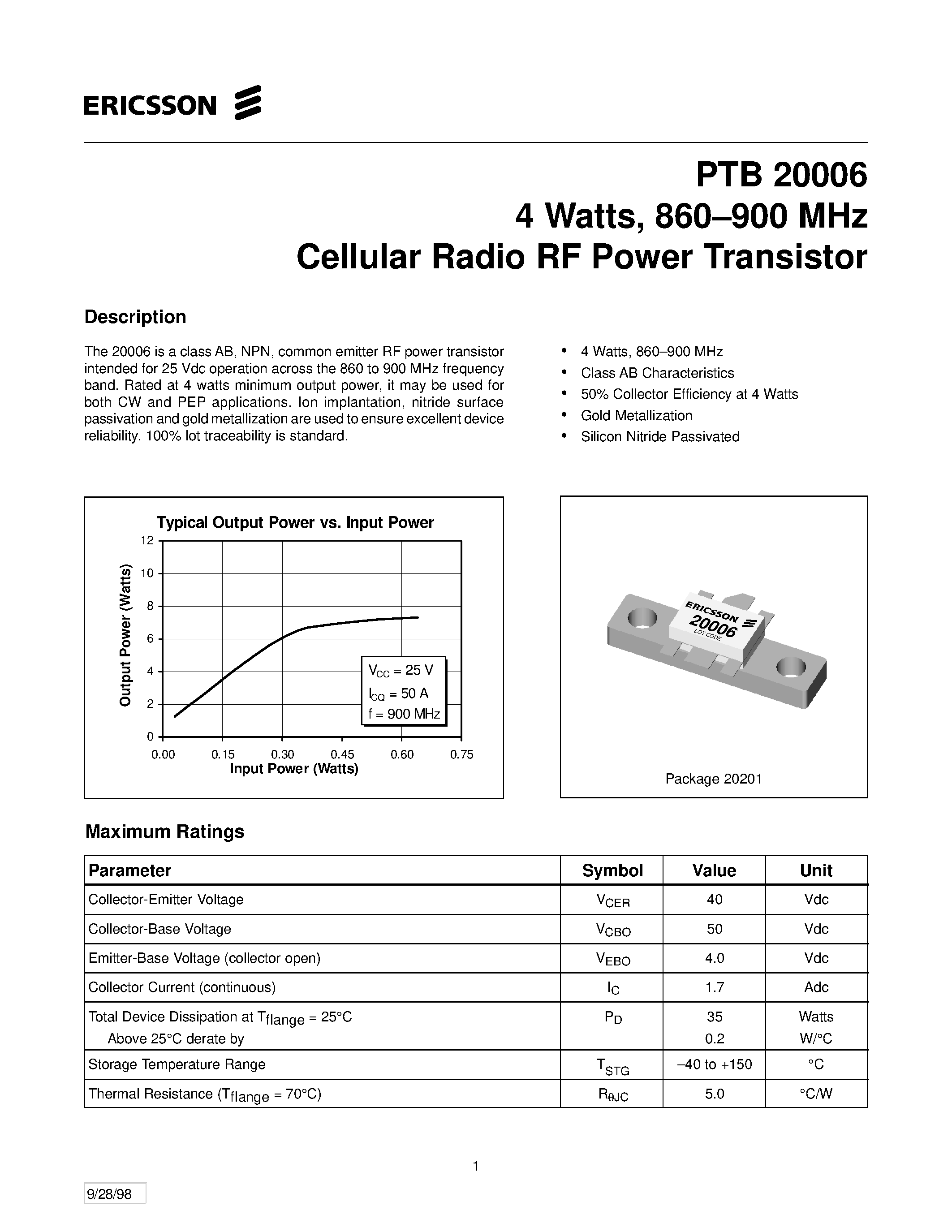 Datasheet PTB20006 - 4 Watts/ 860-900 MHz Cellular Radio RF Power Transistor page 1