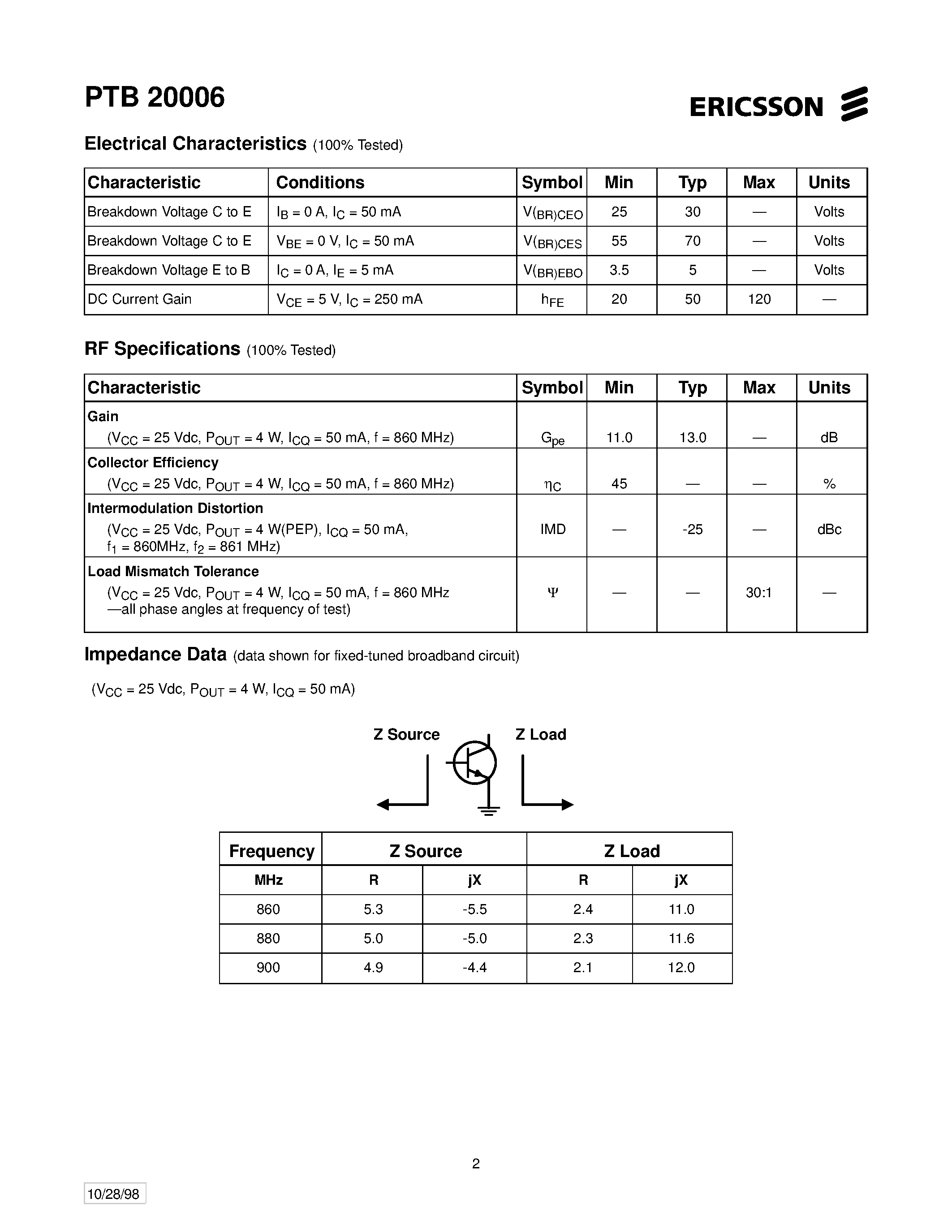 Datasheet PTB20006 - 4 Watts/ 860-900 MHz Cellular Radio RF Power Transistor page 2