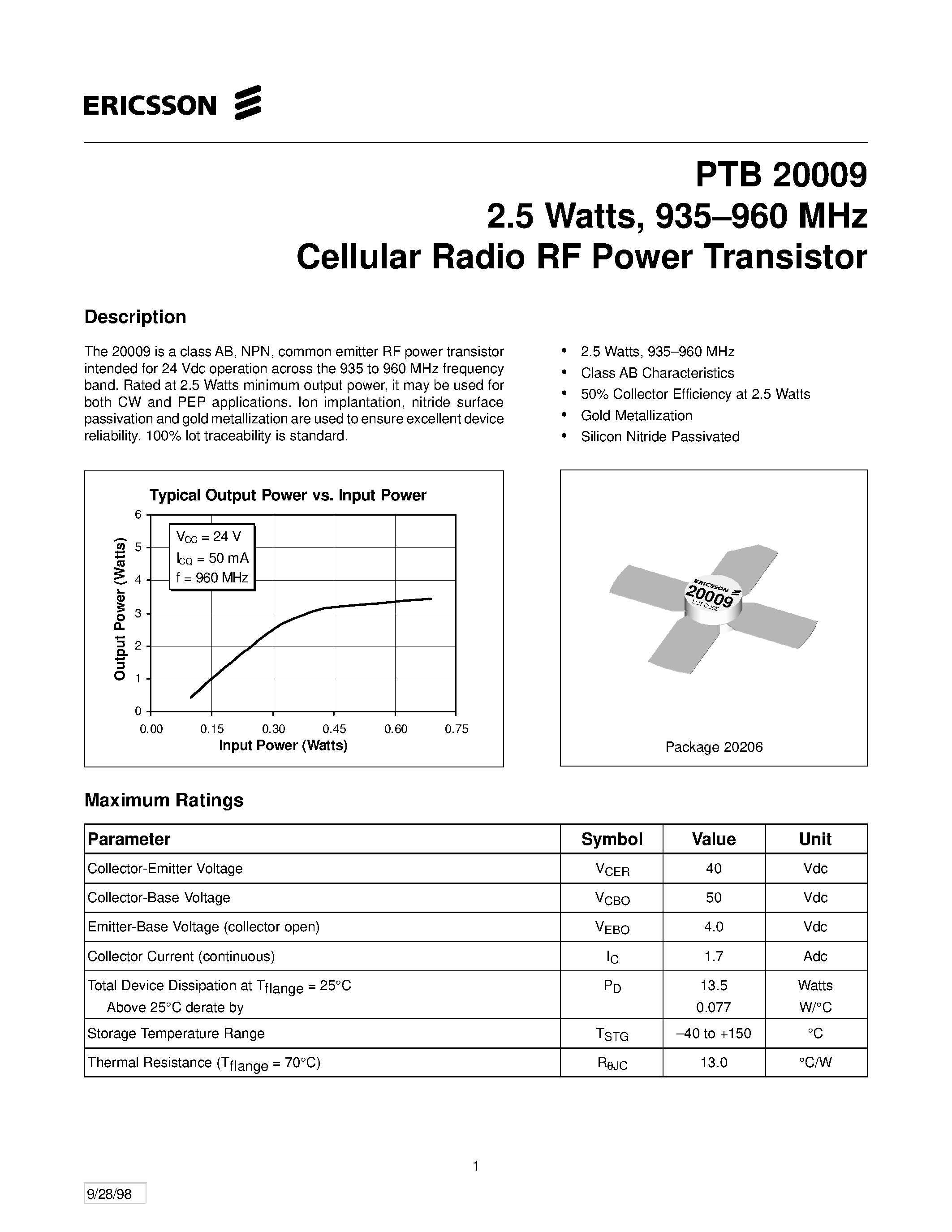 Datasheet PTB20009 page 1 Datasheet PTB20009 - 2.5 Watts/ 935-960 MHz Cellular Radio RF Power Transistor page 1