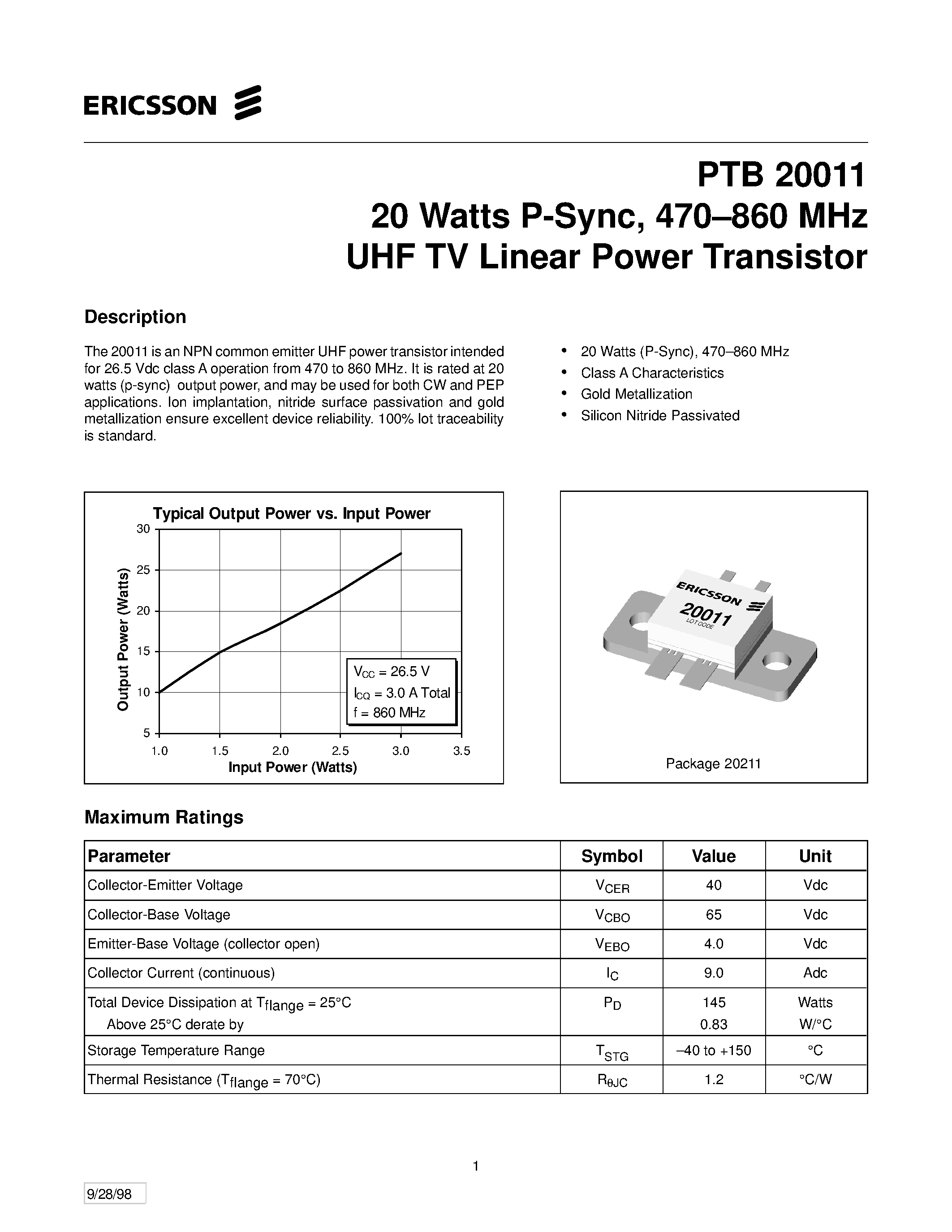Datasheet PTB20011 - 20 Watts P-Sync/ 470-860 MHz UHF TV Linear Power Transistor page 1