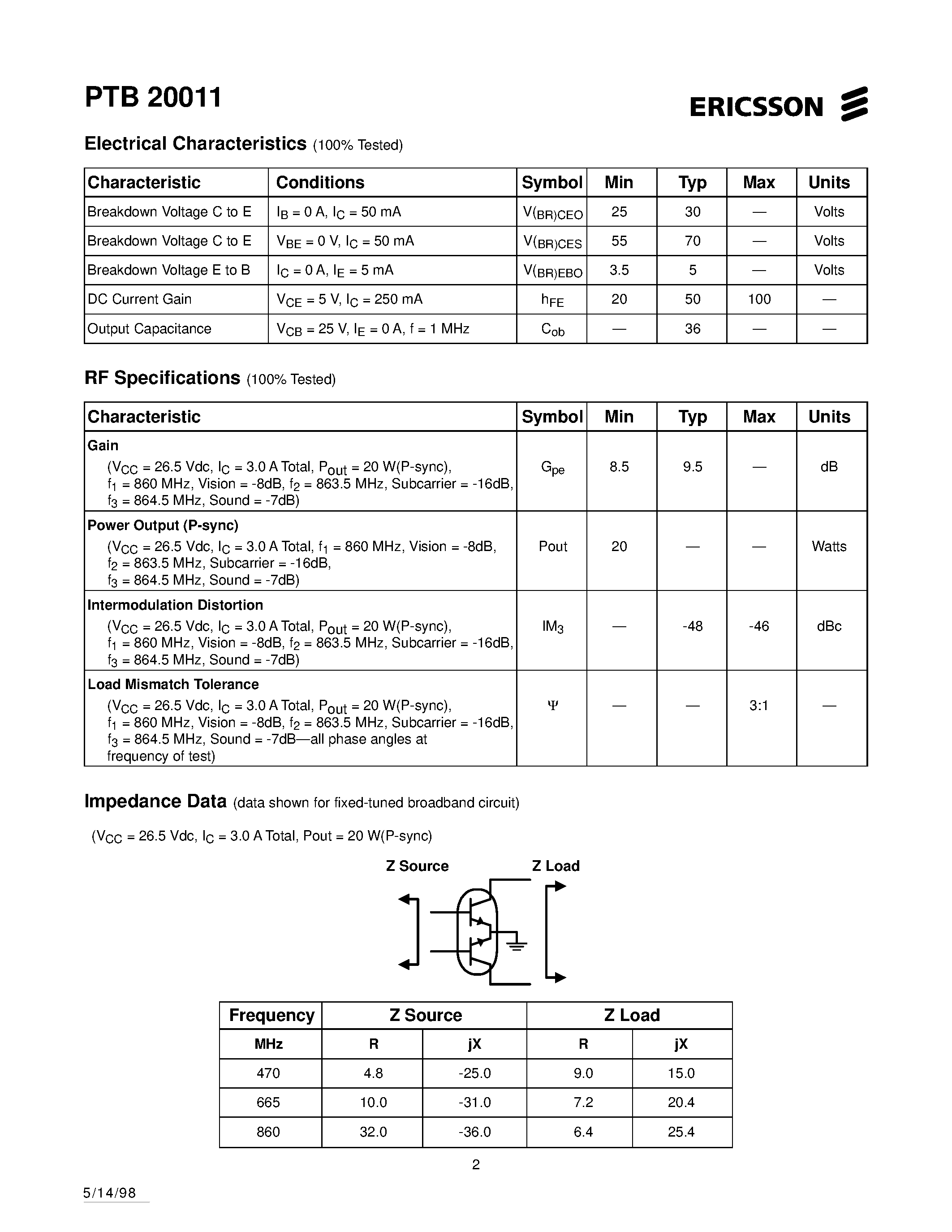 Datasheet PTB20011 - 20 Watts P-Sync/ 470-860 MHz UHF TV Linear Power Transistor page 2