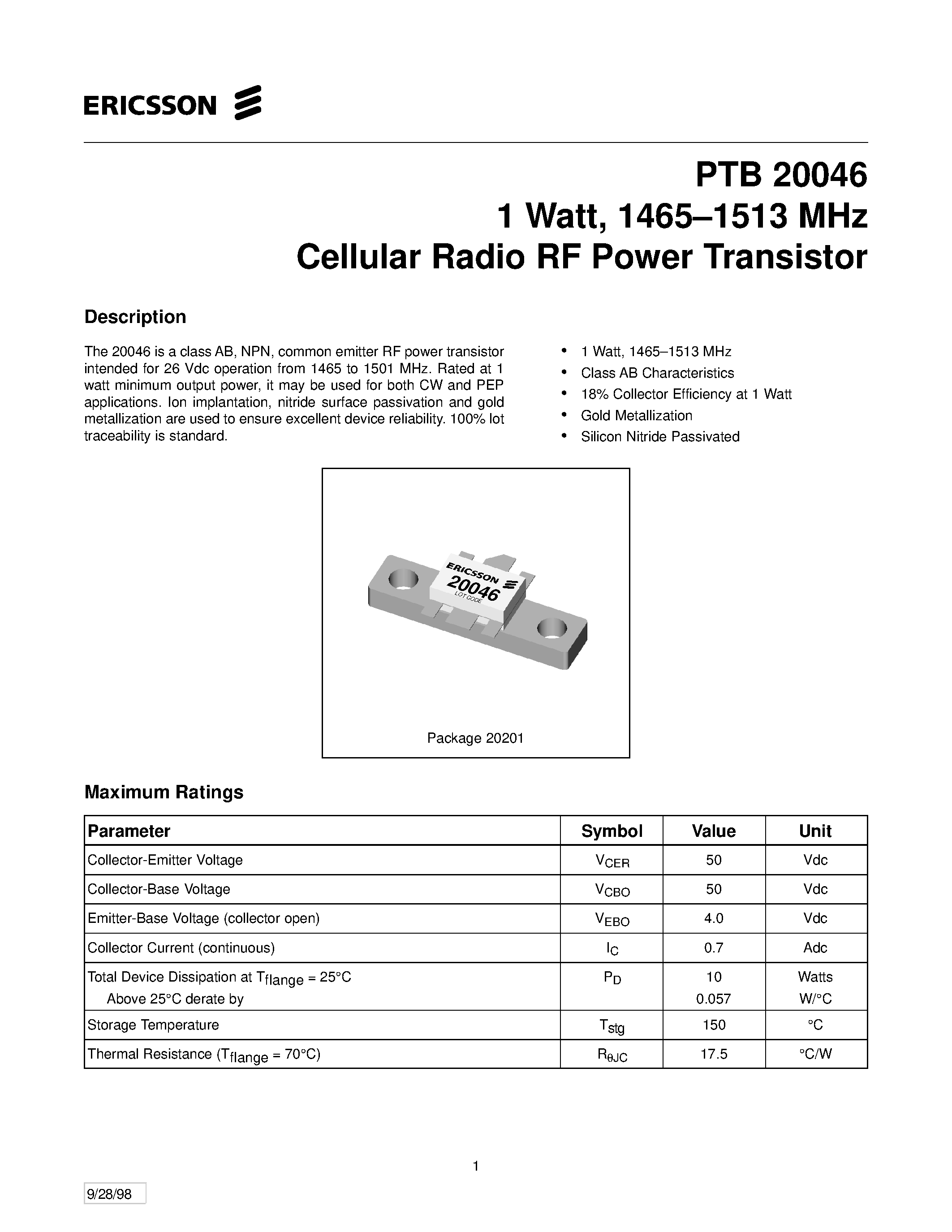 Datasheet PTB20046 - 1 Watt/ 1465-1513 MHz Cellular Radio RF Power Transistor page 1