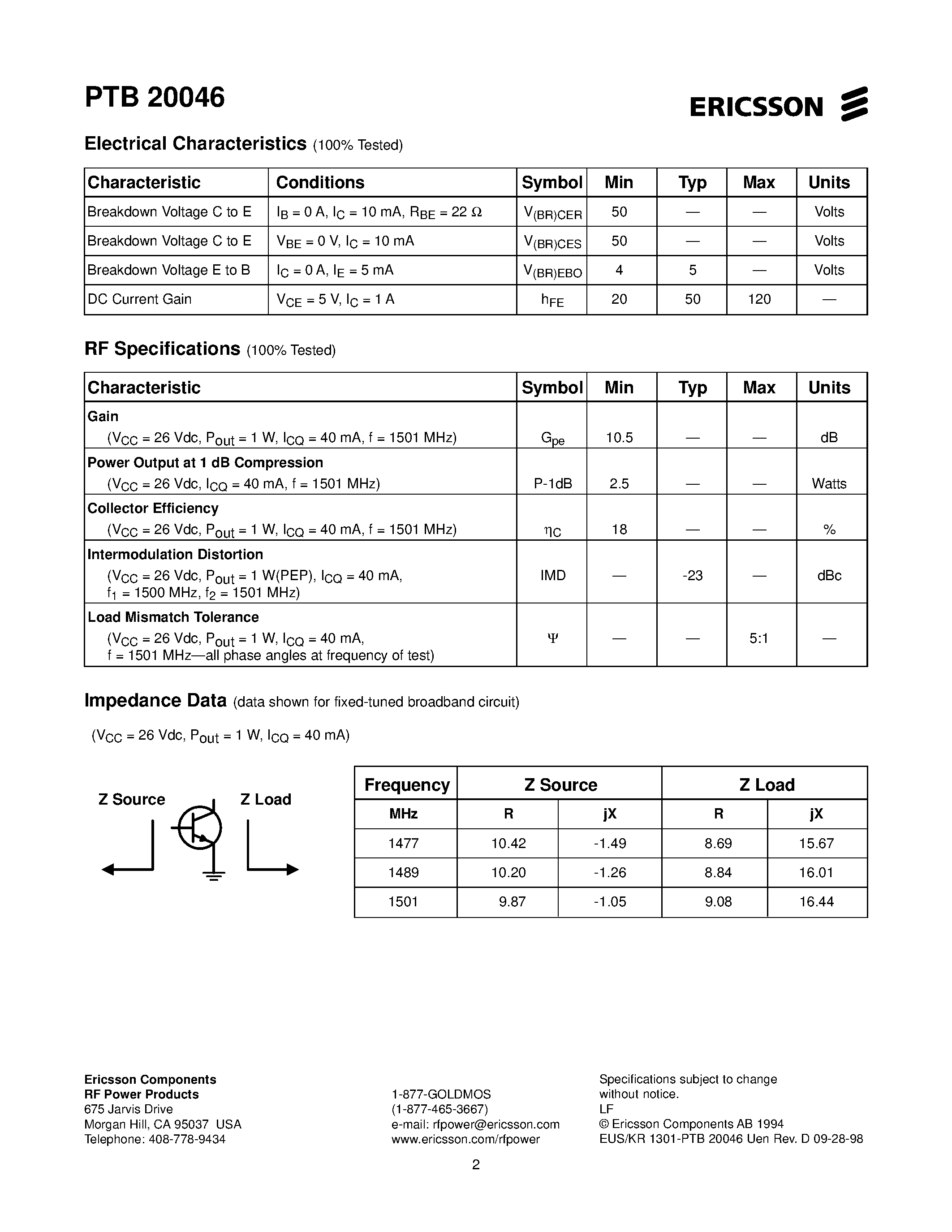 Datasheet PTB20046 - 1 Watt/ 1465-1513 MHz Cellular Radio RF Power Transistor page 2