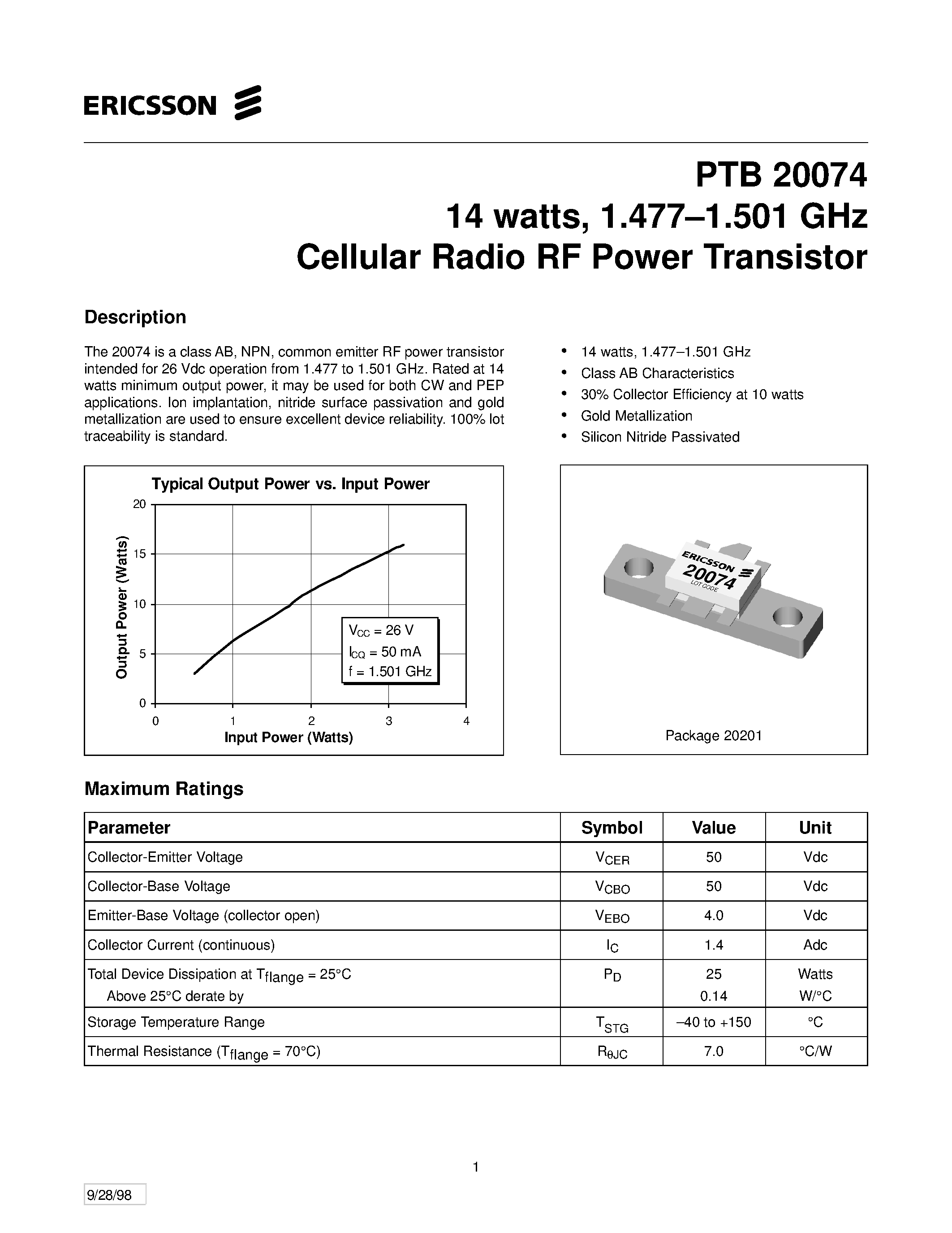 Даташит PTB20074 - 14 watts/ 1.477-1.501 GHz Cellular Radio RF Power Transistor страница 1