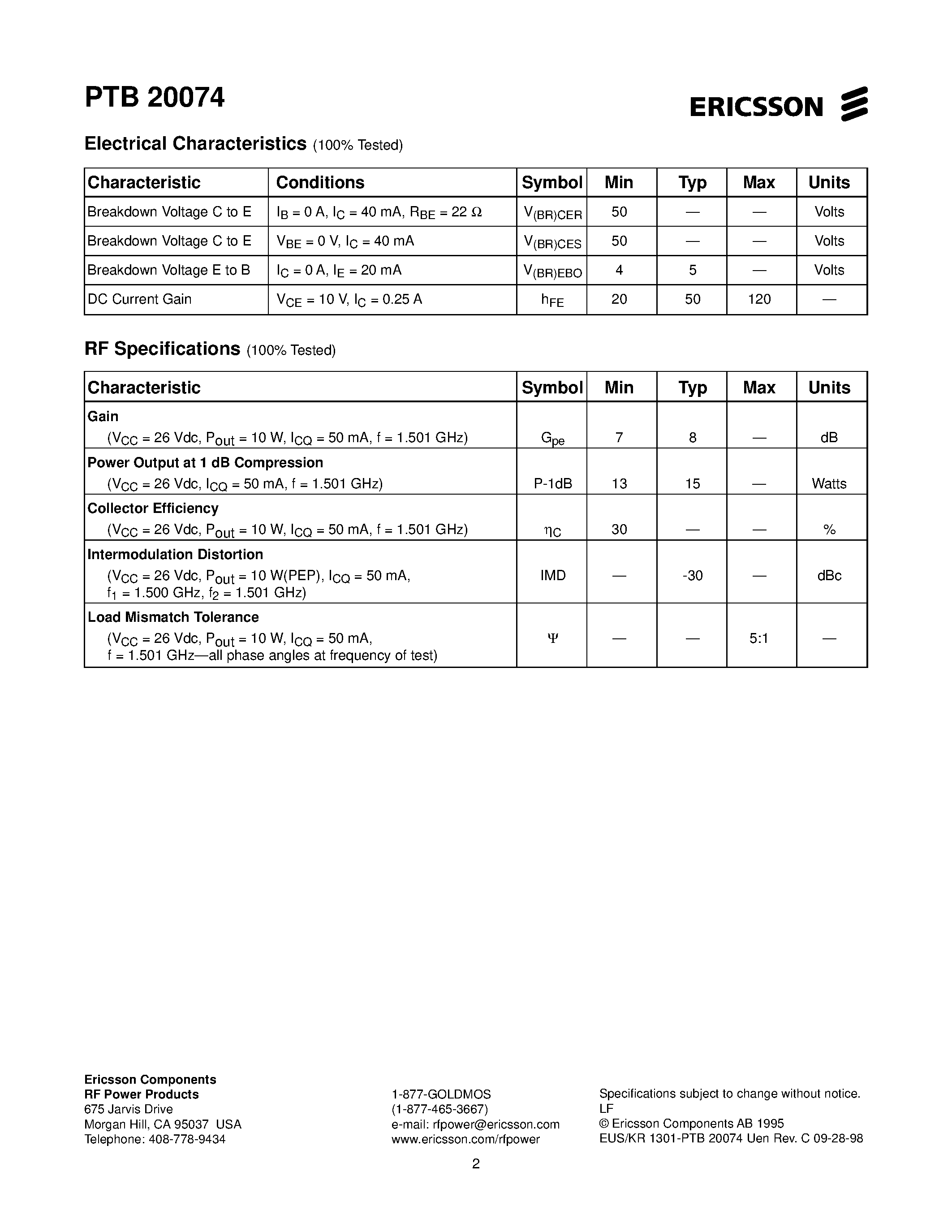 Даташит PTB20074 - 14 watts/ 1.477-1.501 GHz Cellular Radio RF Power Transistor страница 2