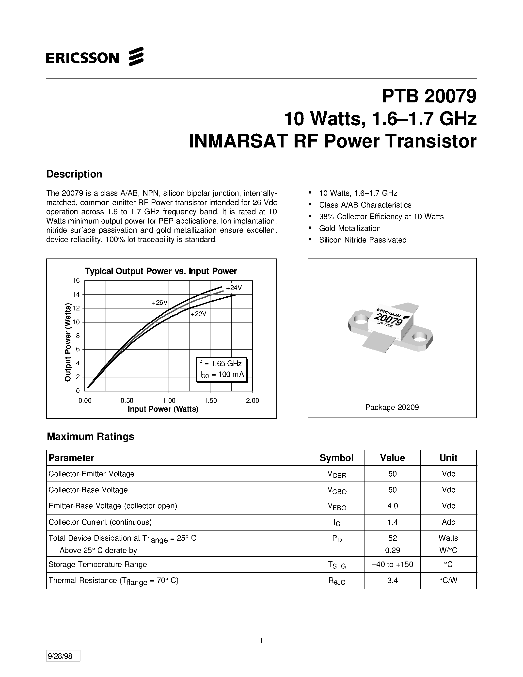 Даташит на микросхему PTB20079 страница 1 Даташит PTB20079 - 10 Watts/ 1.6-1.7 GHz INMARSAT RF Power Transistor страница 1