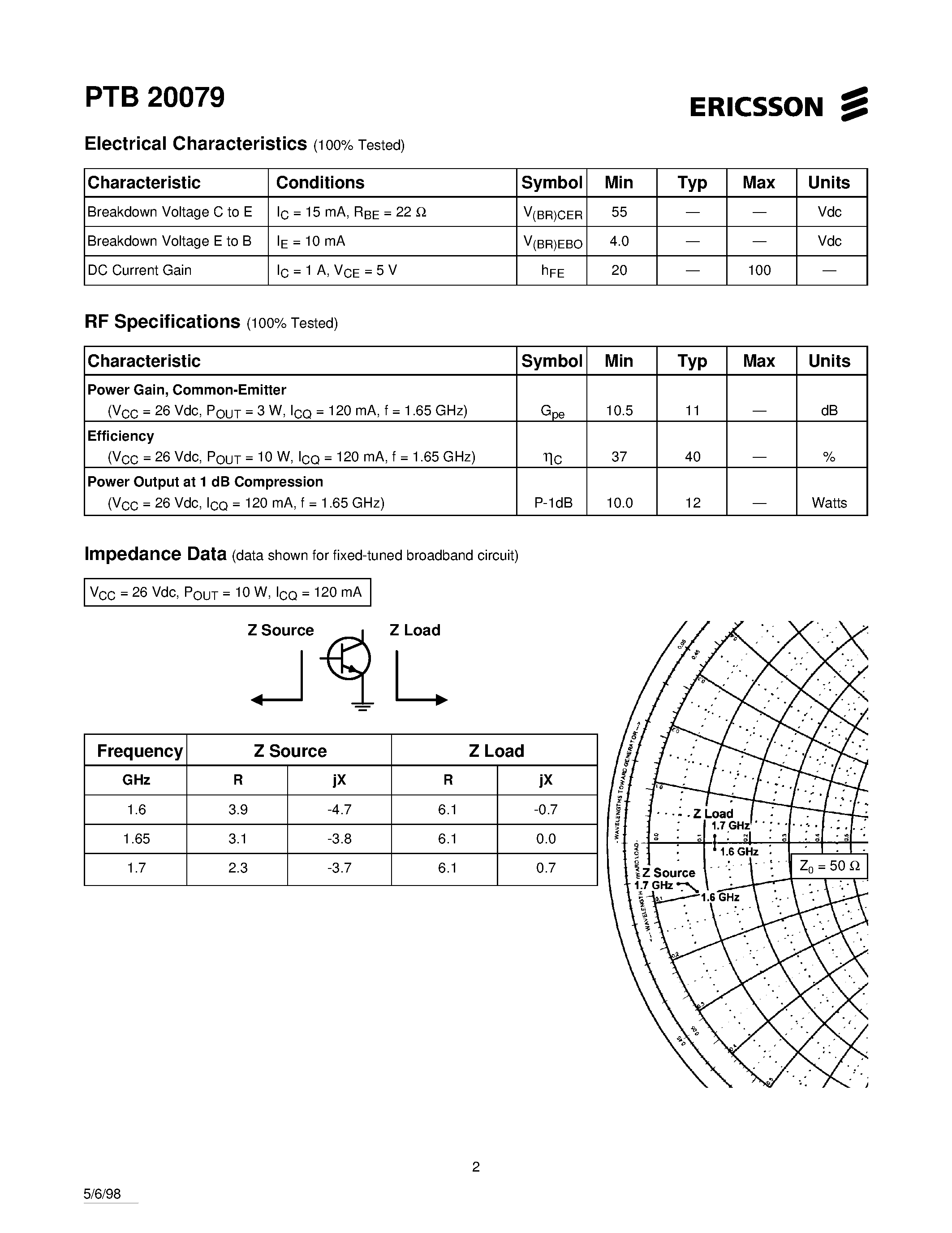 Даташит на микросхему PTB20079 страница 2 Даташит PTB20079 - 10 Watts/ 1.6-1.7 GHz INMARSAT RF Power Transistor страница 2