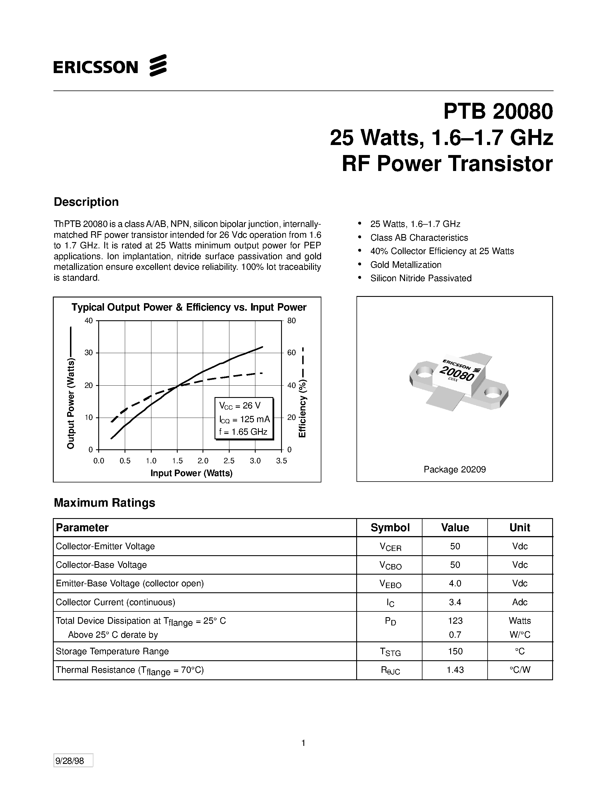 Даташит на микросхему PTB20080 страница 1 Даташит PTB20080 - 25 Watts/ 1.6-1.7 GHz RF Power Transistor страница 1