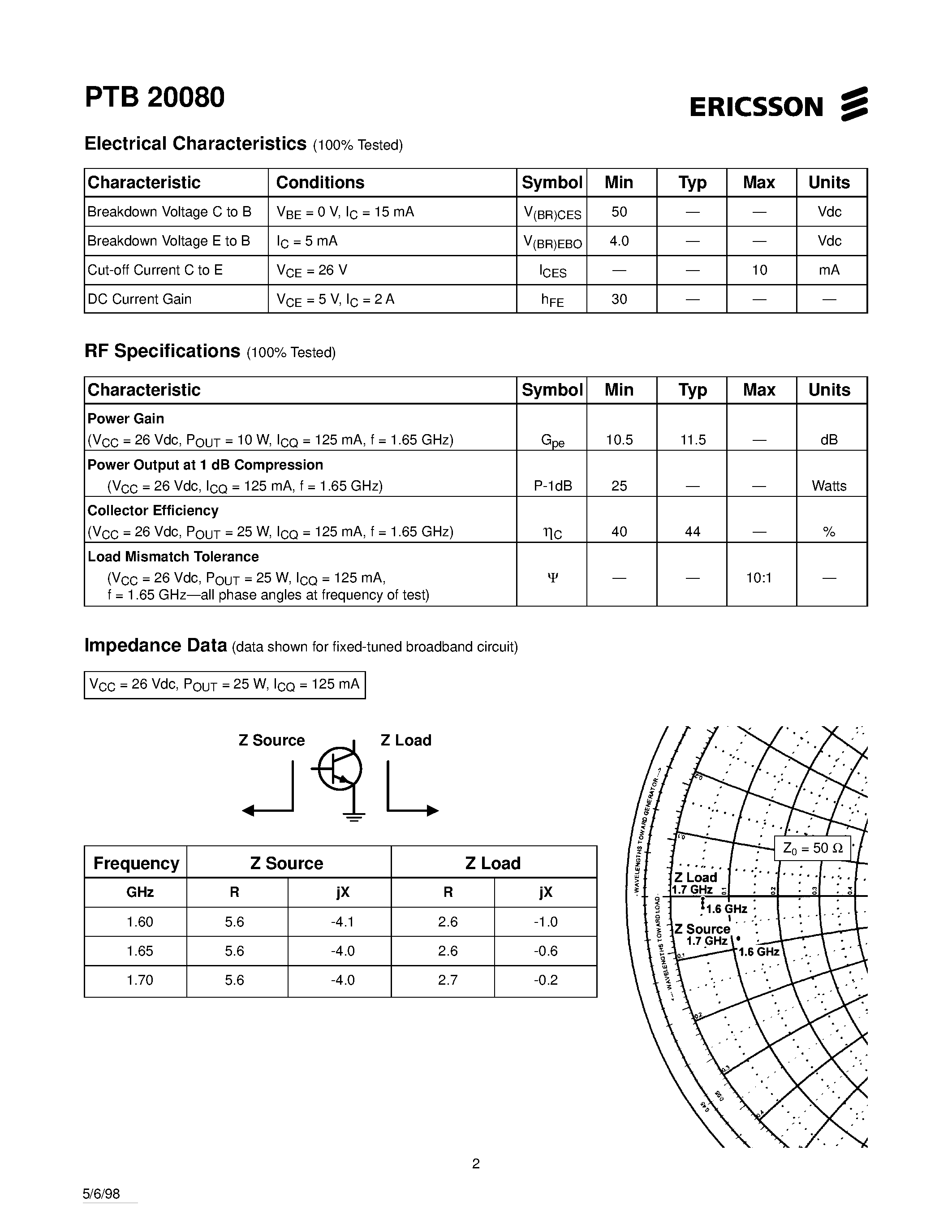 Даташит на микросхему PTB20080 страница 2 Даташит PTB20080 - 25 Watts/ 1.6-1.7 GHz RF Power Transistor страница 2