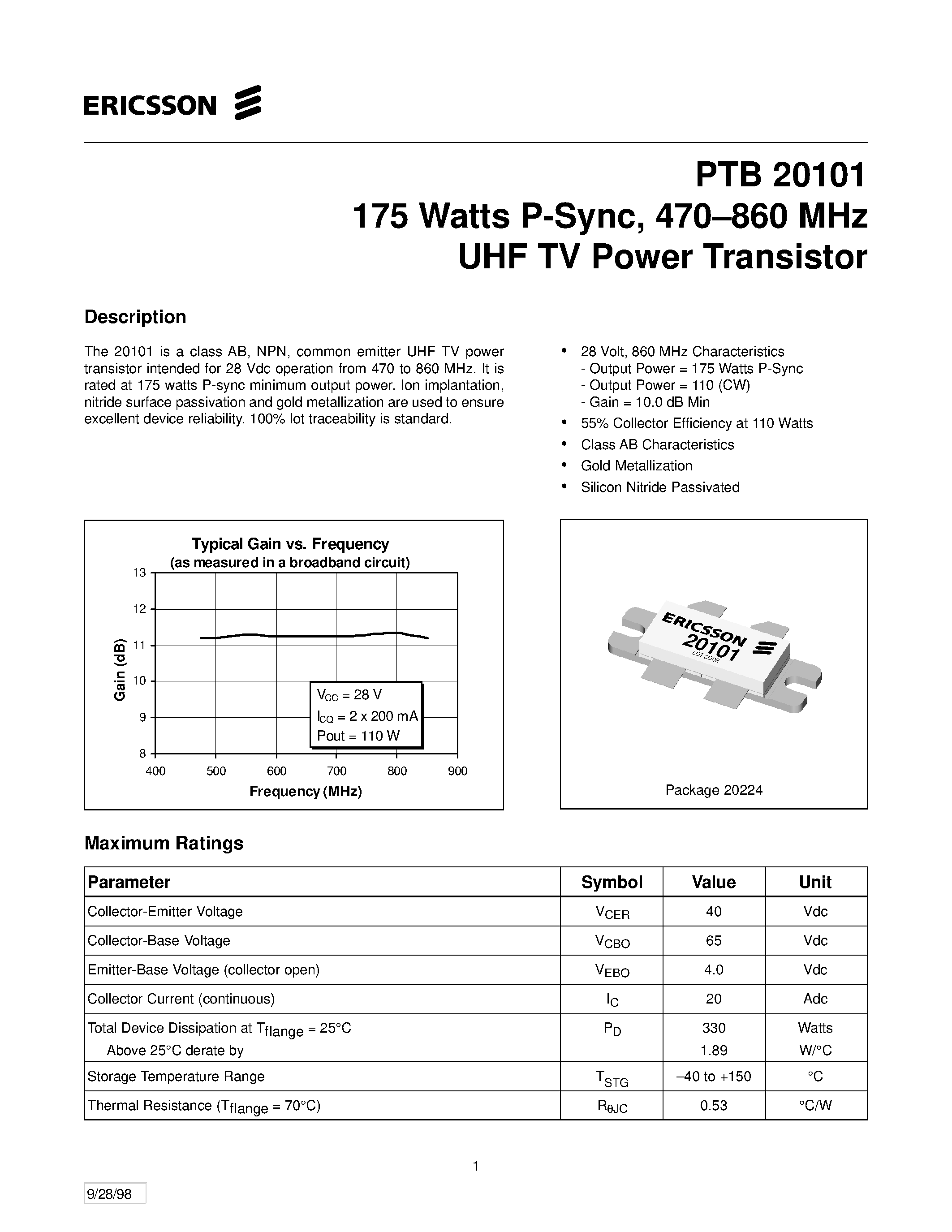 Datasheet PTB20101 - 175 Watts P-Sync/ 470-860 MHz UHF TV Power Transistor page 1