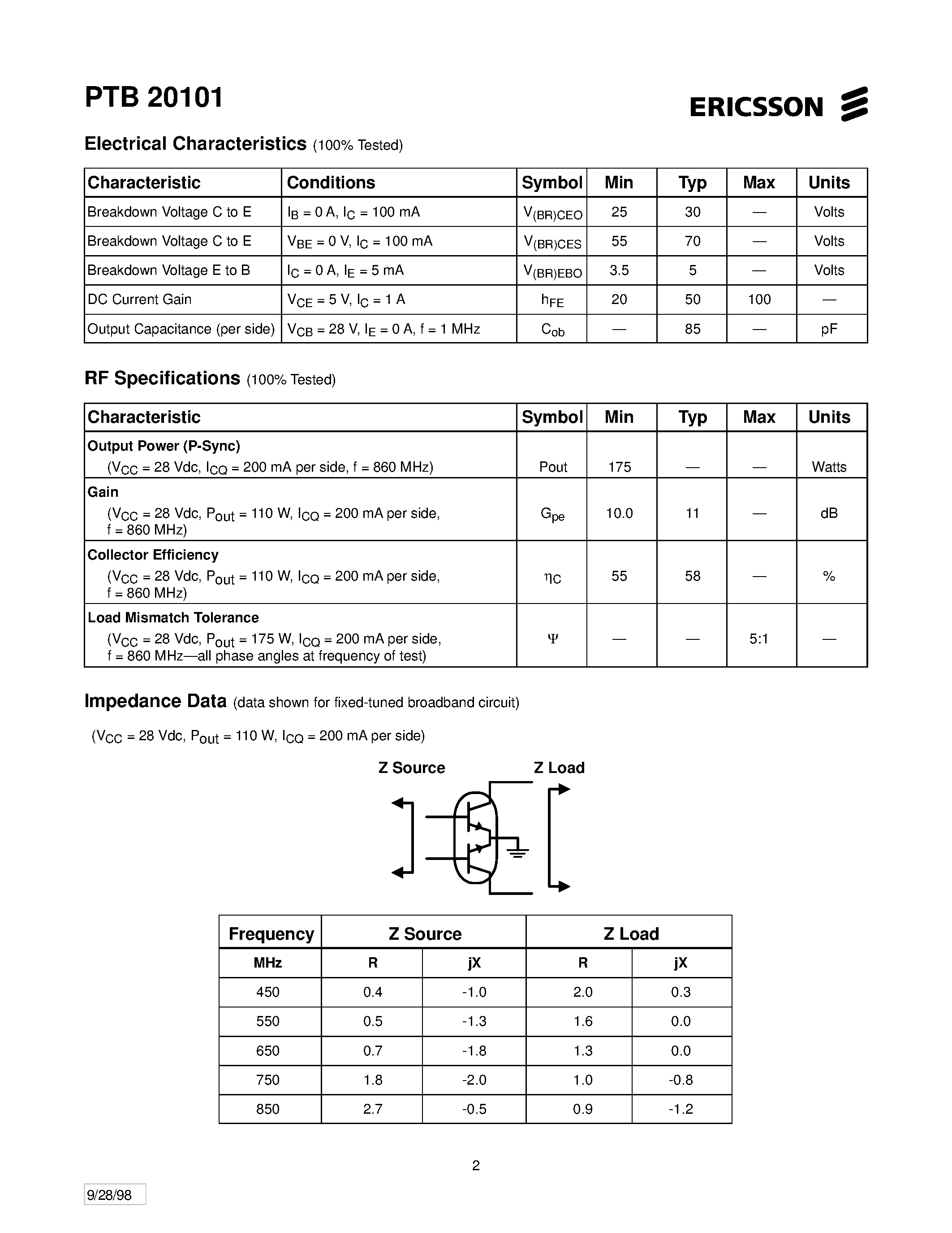 Datasheet PTB20101 - 175 Watts P-Sync/ 470-860 MHz UHF TV Power Transistor page 2