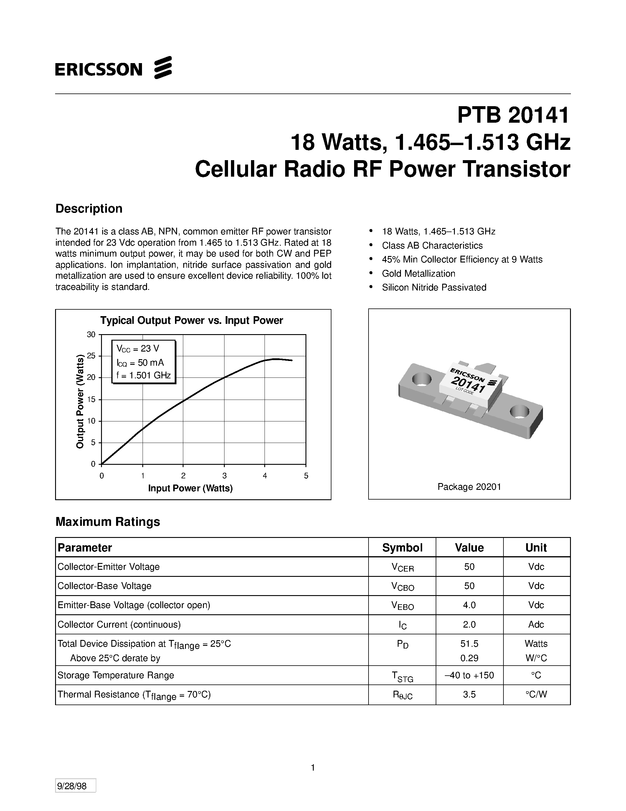 Даташит PTB20141 - 18 Watts/ 1.465-1.513 GHz Cellular Radio RF Power Transistor страница 1