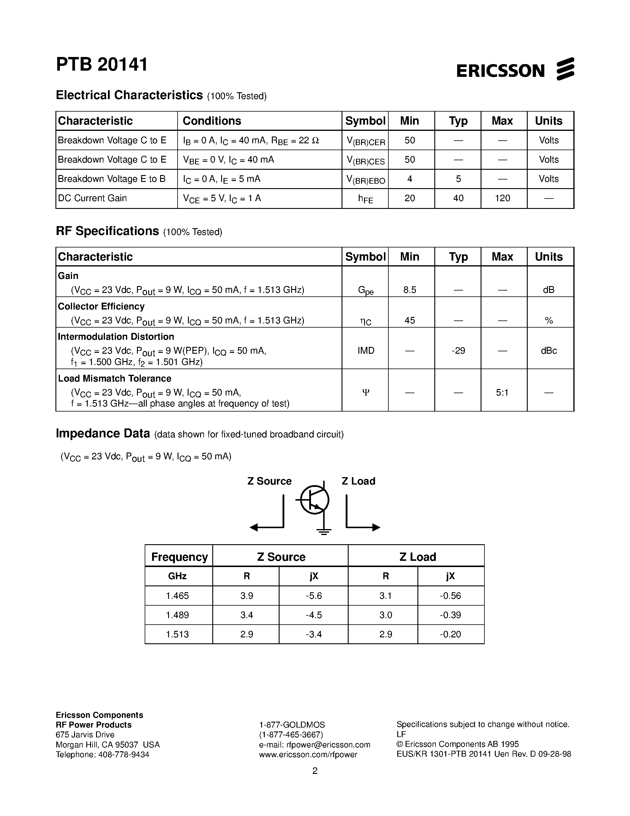 Даташит PTB20141 - 18 Watts/ 1.465-1.513 GHz Cellular Radio RF Power Transistor страница 2