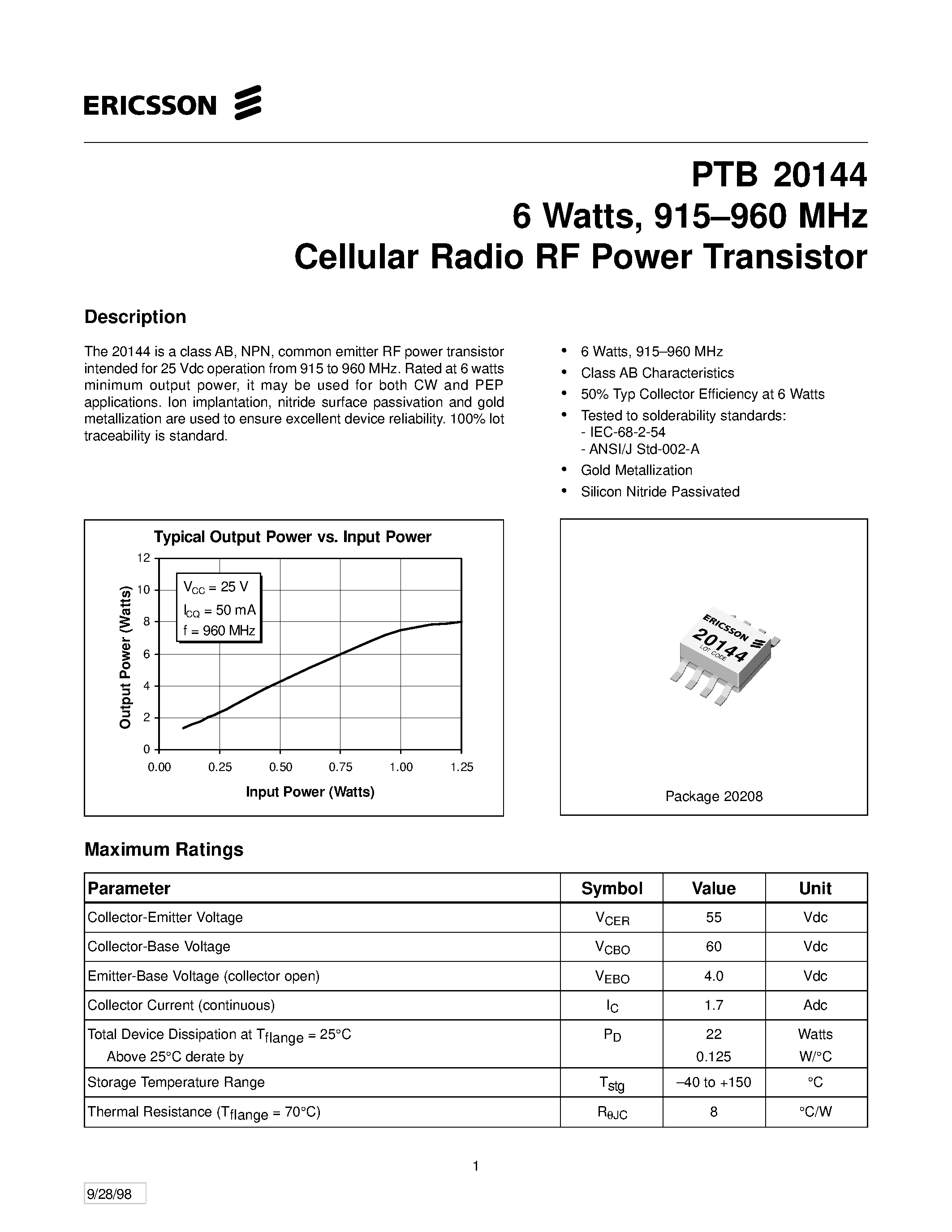 Datasheet PTB20144 - 6 Watts/ 915-960 MHz Cellular Radio RF Power Transistor page 1