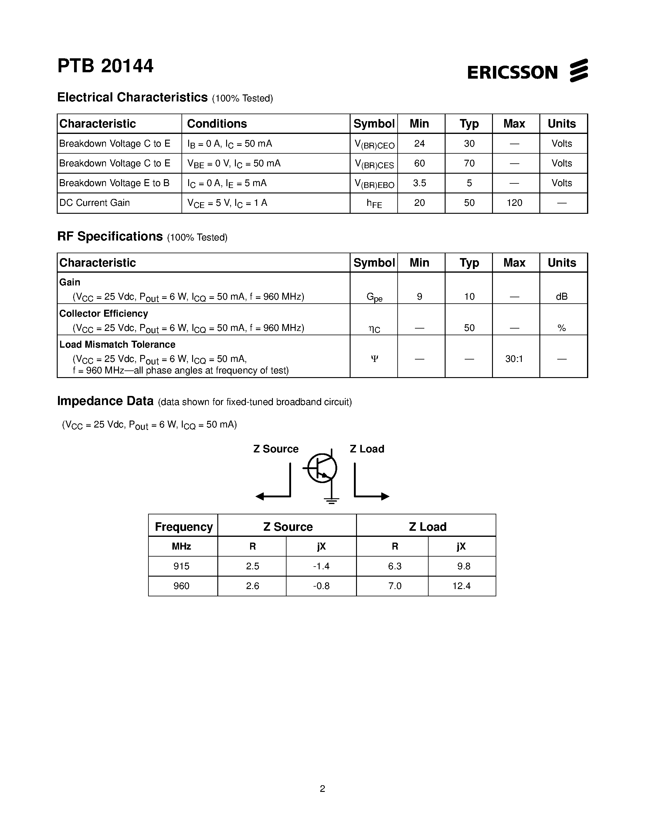 Datasheet PTB20144 - 6 Watts/ 915-960 MHz Cellular Radio RF Power Transistor page 2
