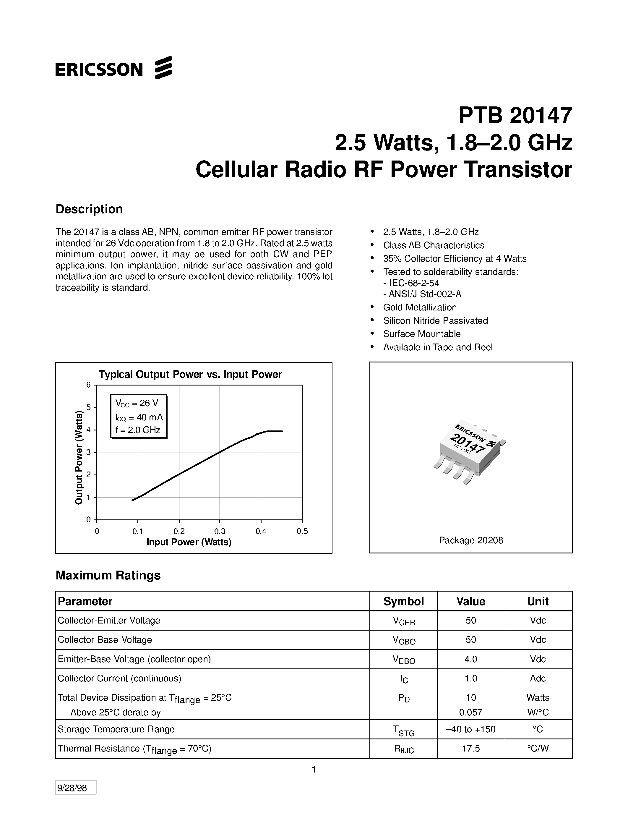 Даташит PTB20147 - 2.5 Watts/ 1.8-2.0 GHz Cellular Radio RF Power Transistor страница 1