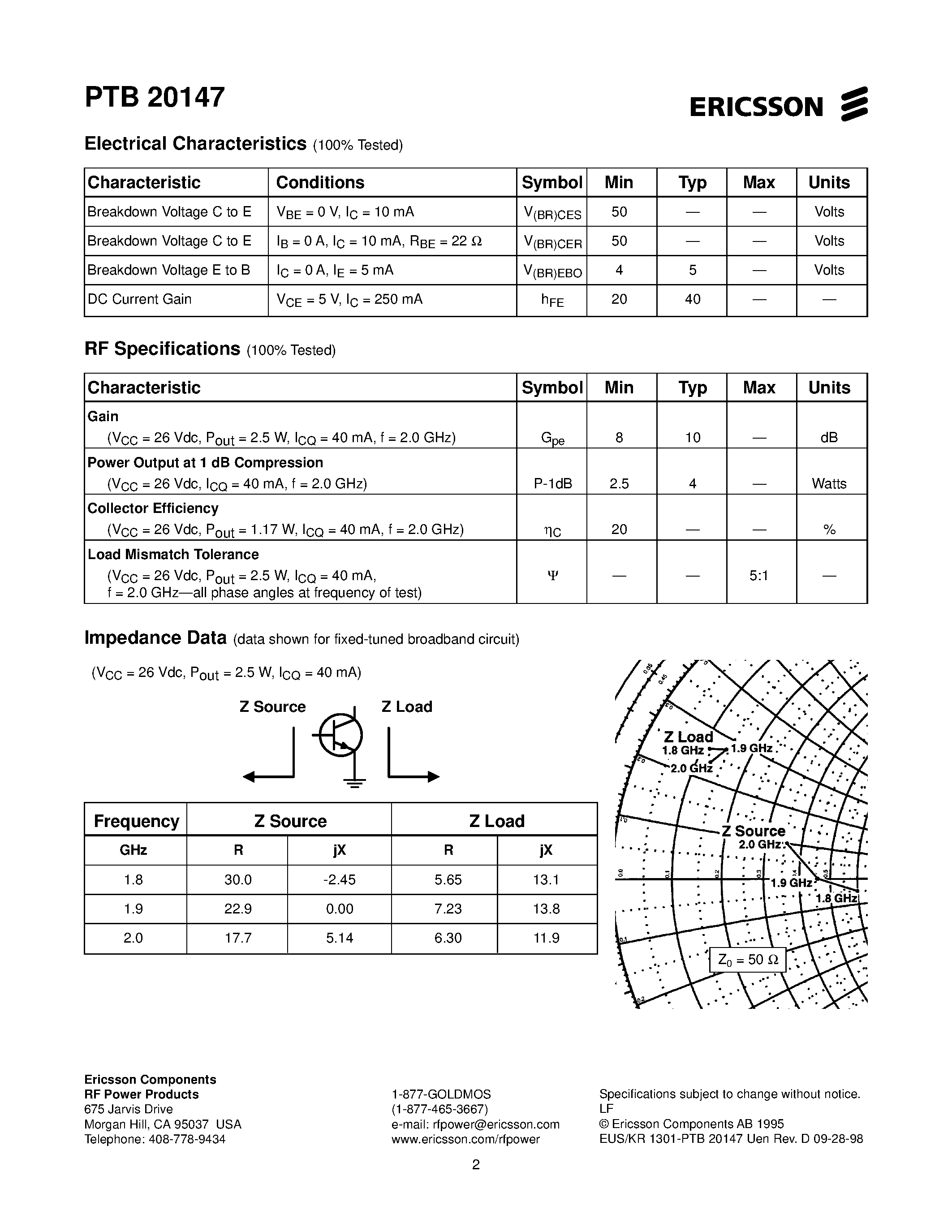 Даташит PTB20147 - 2.5 Watts/ 1.8-2.0 GHz Cellular Radio RF Power Transistor страница 2