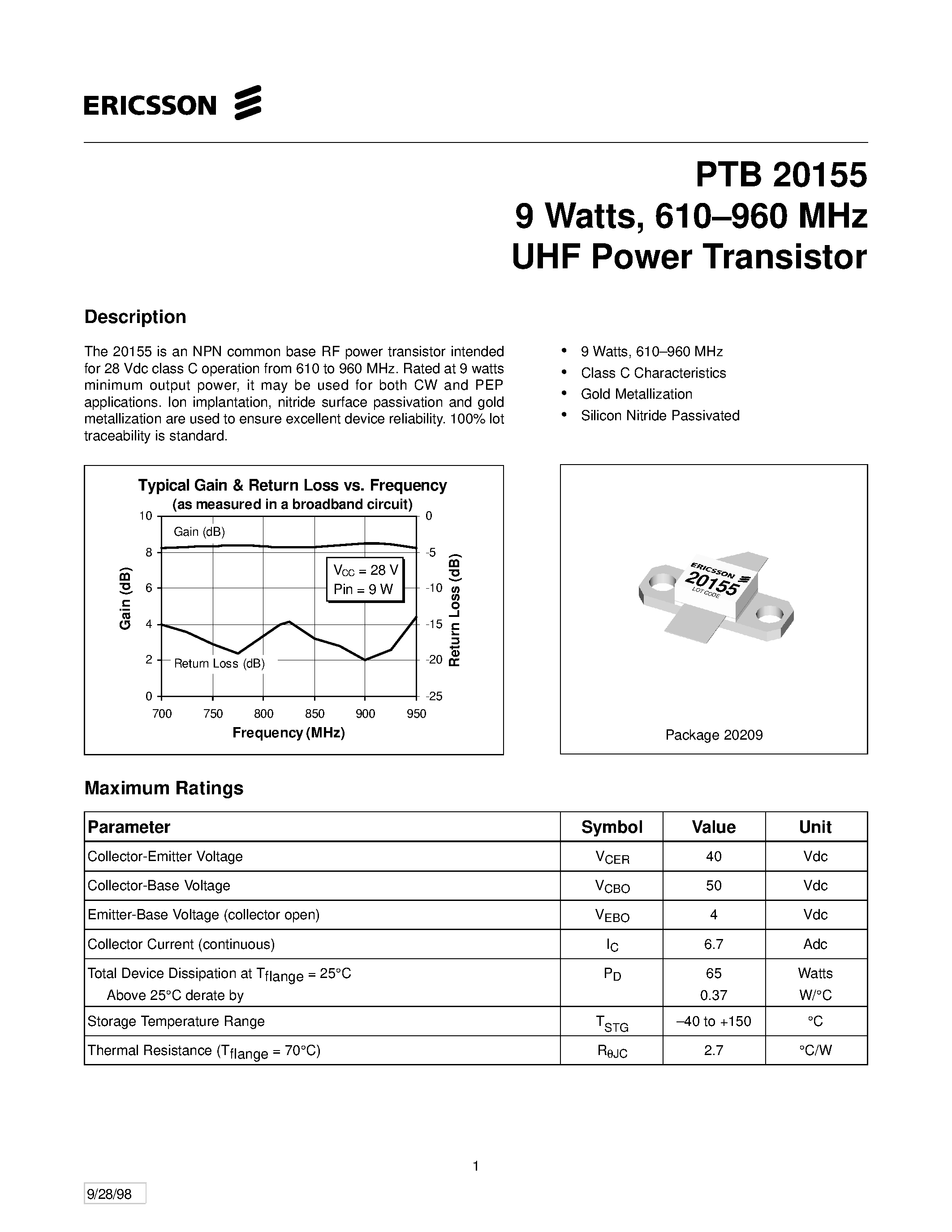 Datasheet PTB20155 - 9 Watts/ 610-960 MHz UHF Power Transistor page 1