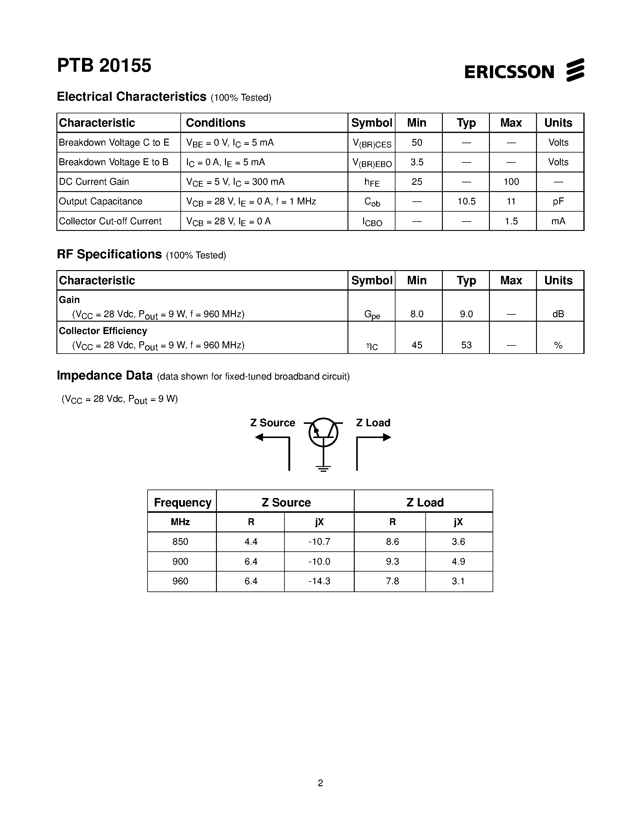 Datasheet PTB20155 - 9 Watts/ 610-960 MHz UHF Power Transistor page 2