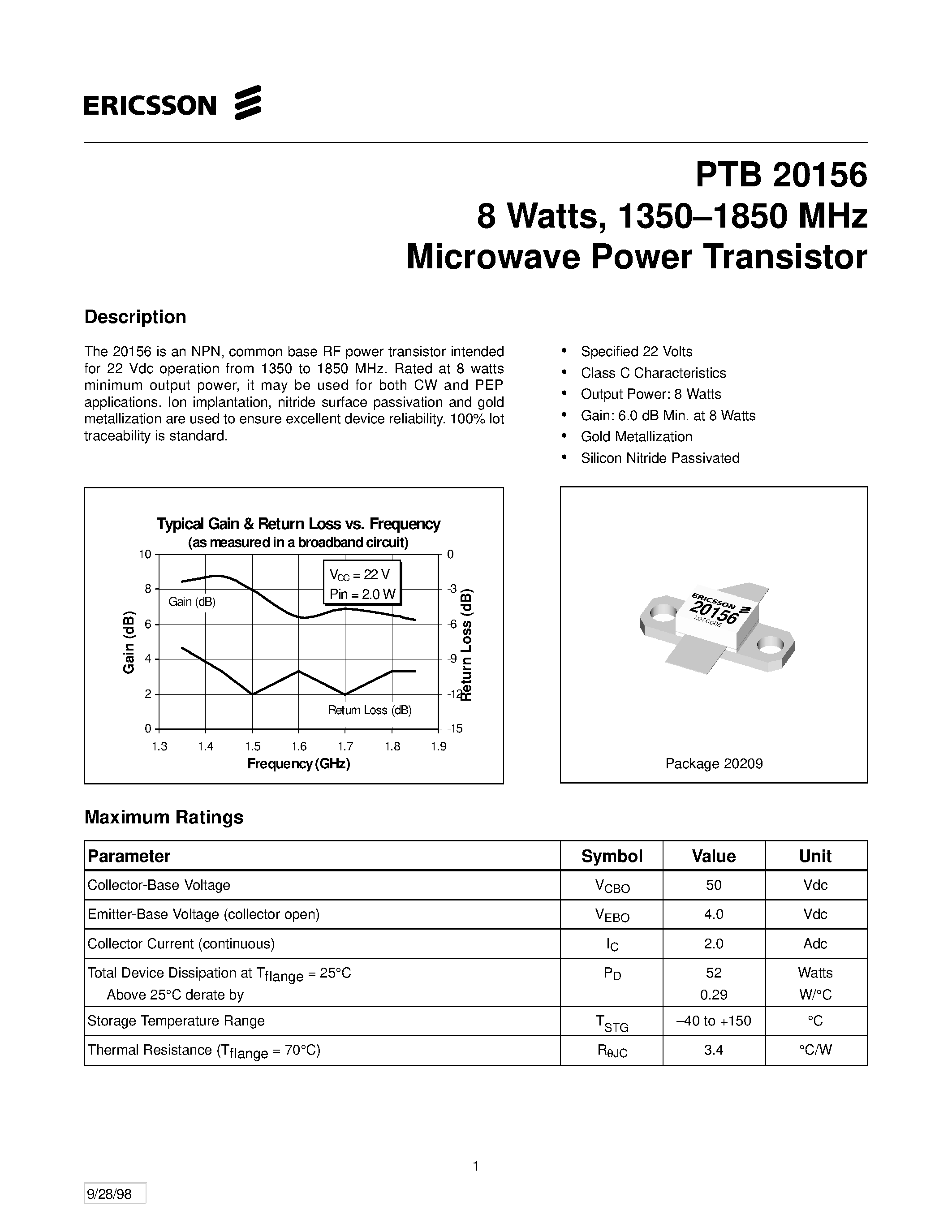 Даташит PTB20156 - 8 Watts/ 1350-1850 MHz Microwave Power Transistor страница 1