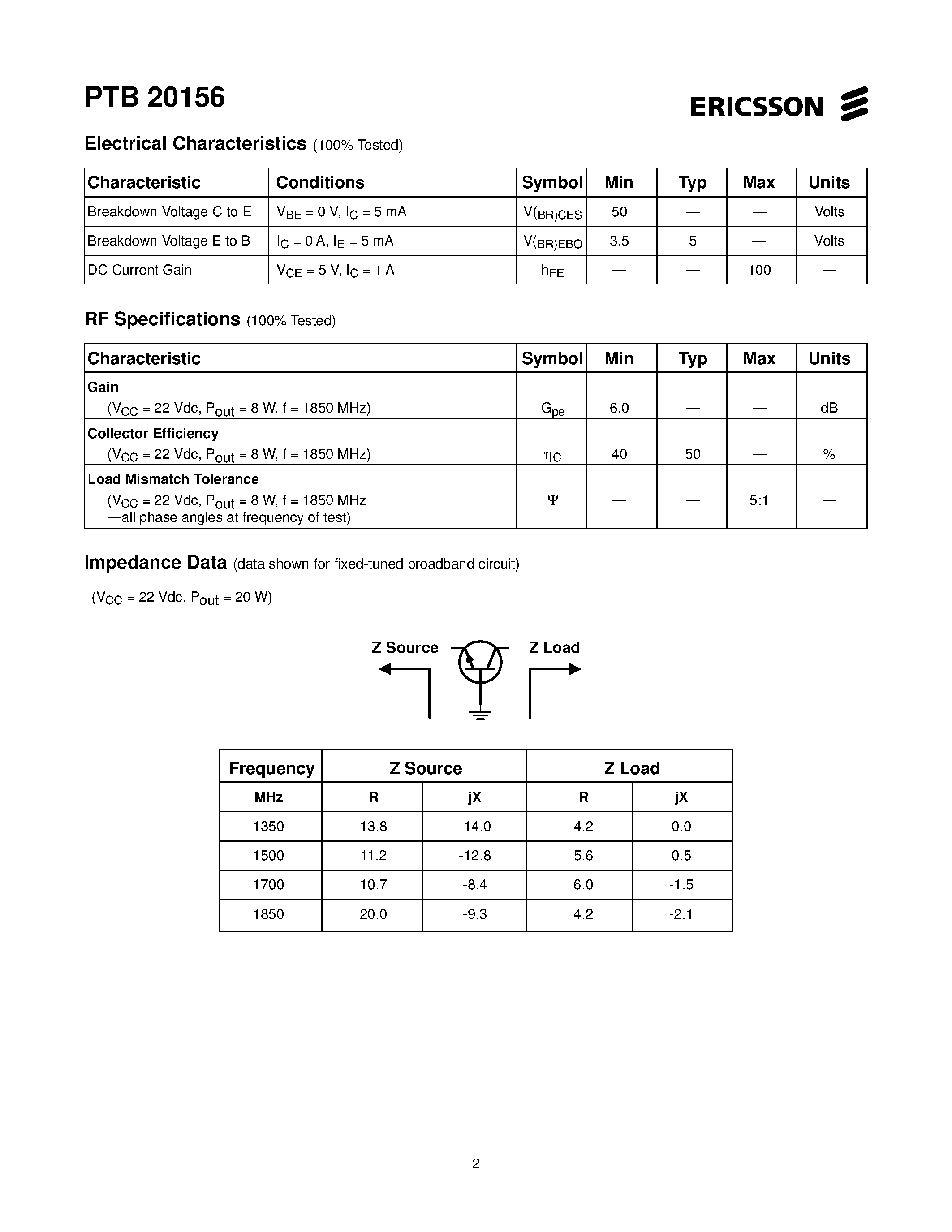 Даташит PTB20156 - 8 Watts/ 1350-1850 MHz Microwave Power Transistor страница 2