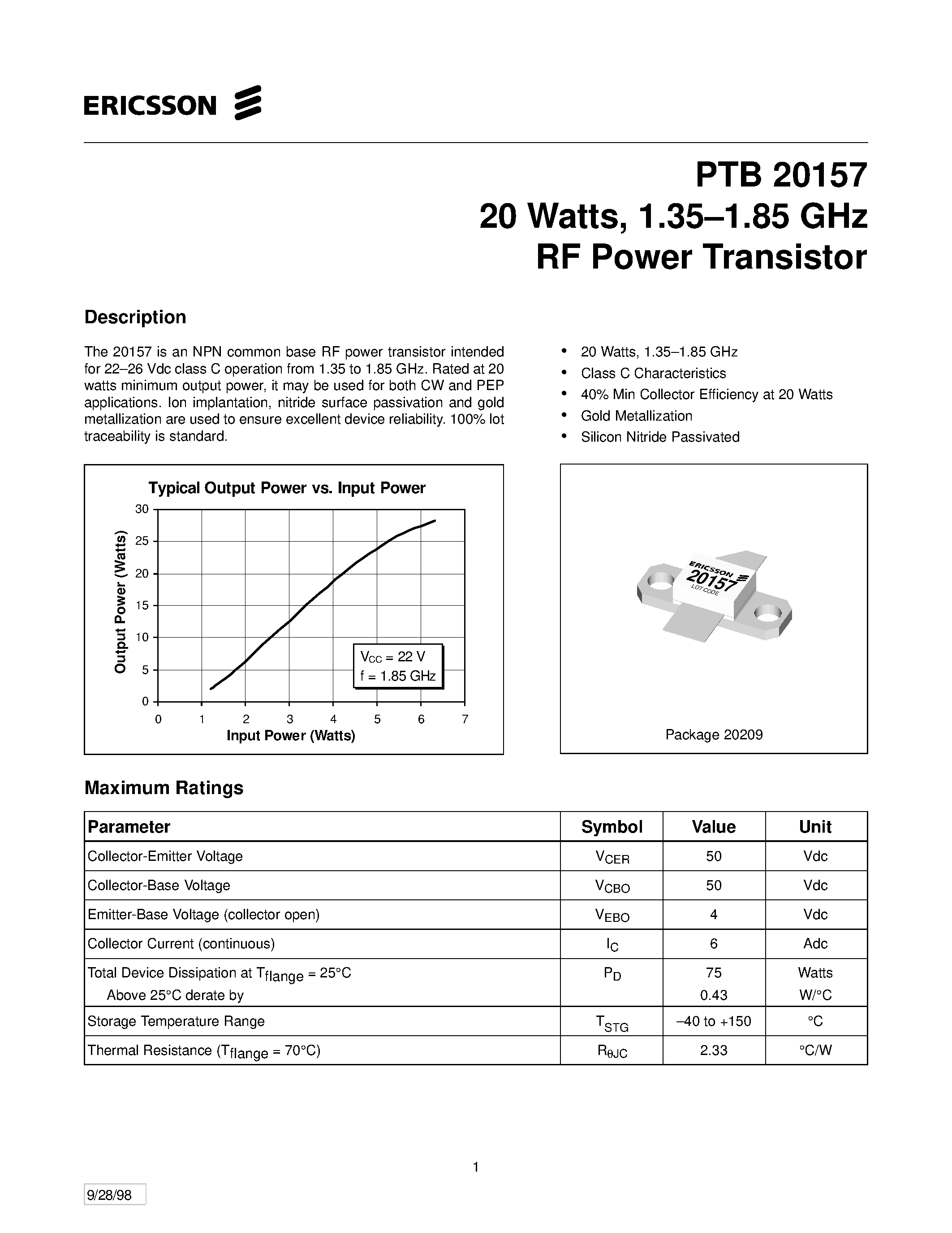 Даташит PTB20157 - 20 Watts/ 1.35-1.85 GHz RF Power Transistor страница 1